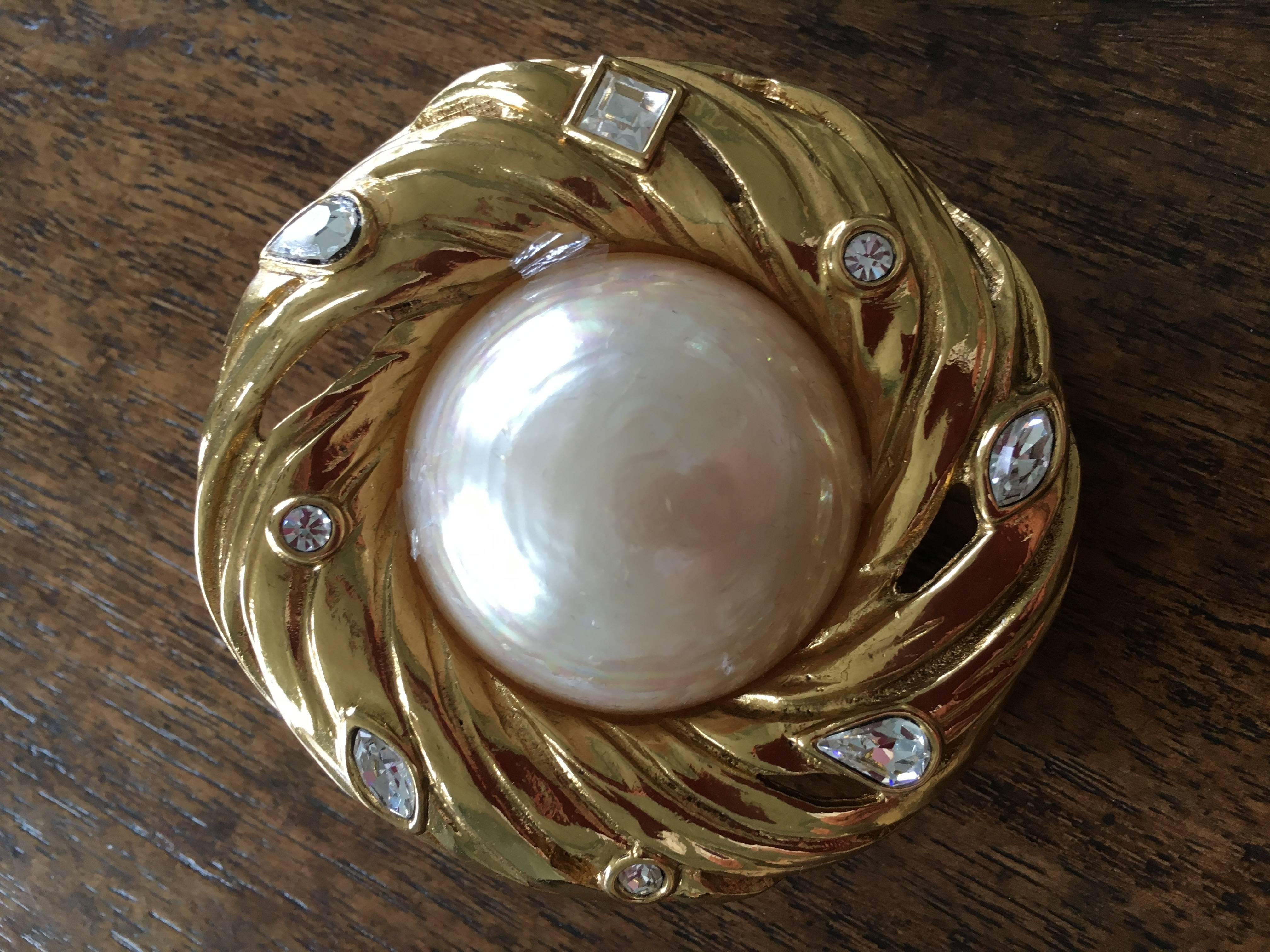 Yves Saint Laurent Vintage Large Pearl and Crystal Brooch / Pendant In Excellent Condition For Sale In Cloverdale, CA