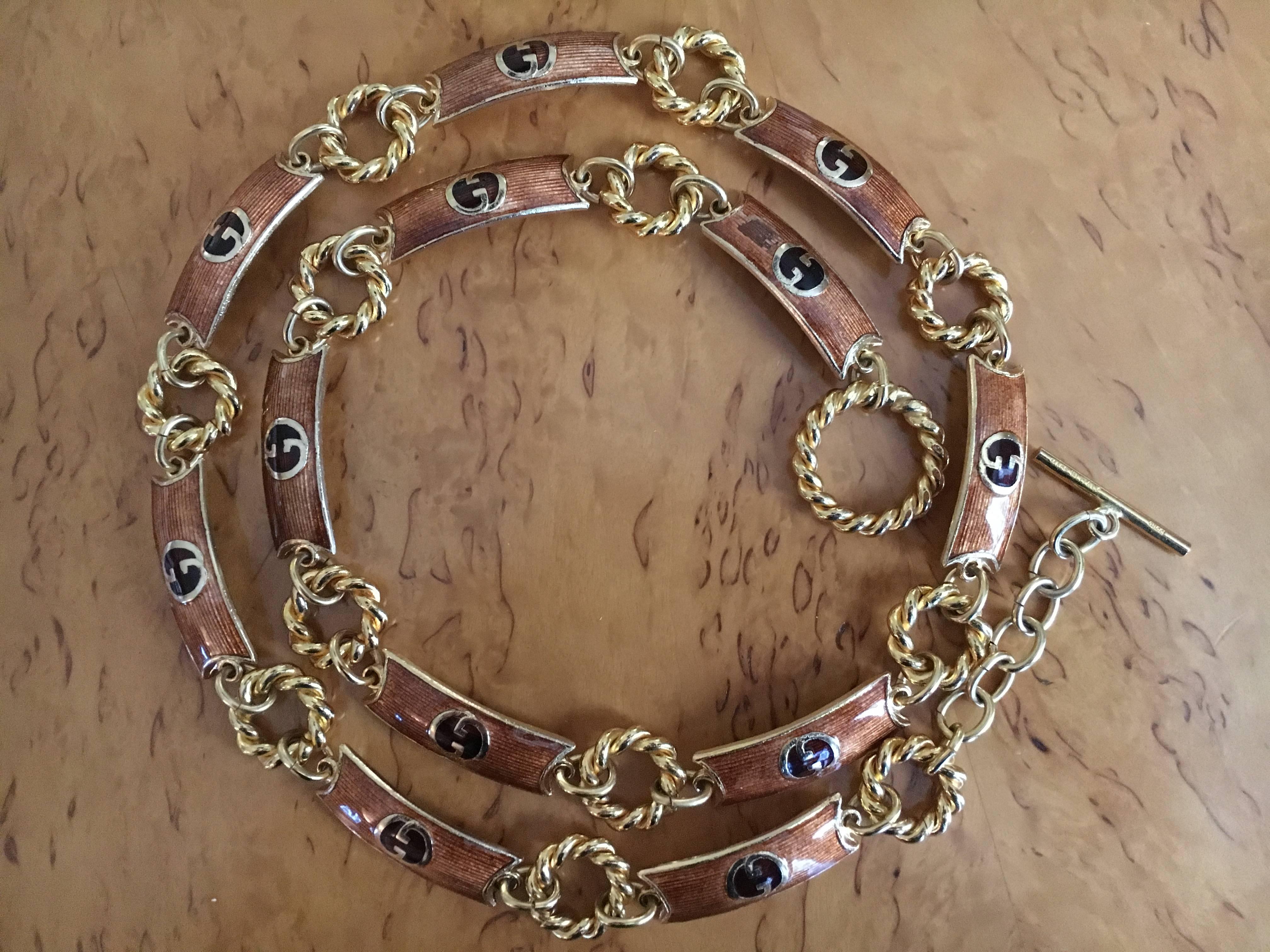 Brown Gucci Vintage 70's Gold Enamel Link Belt For Sale