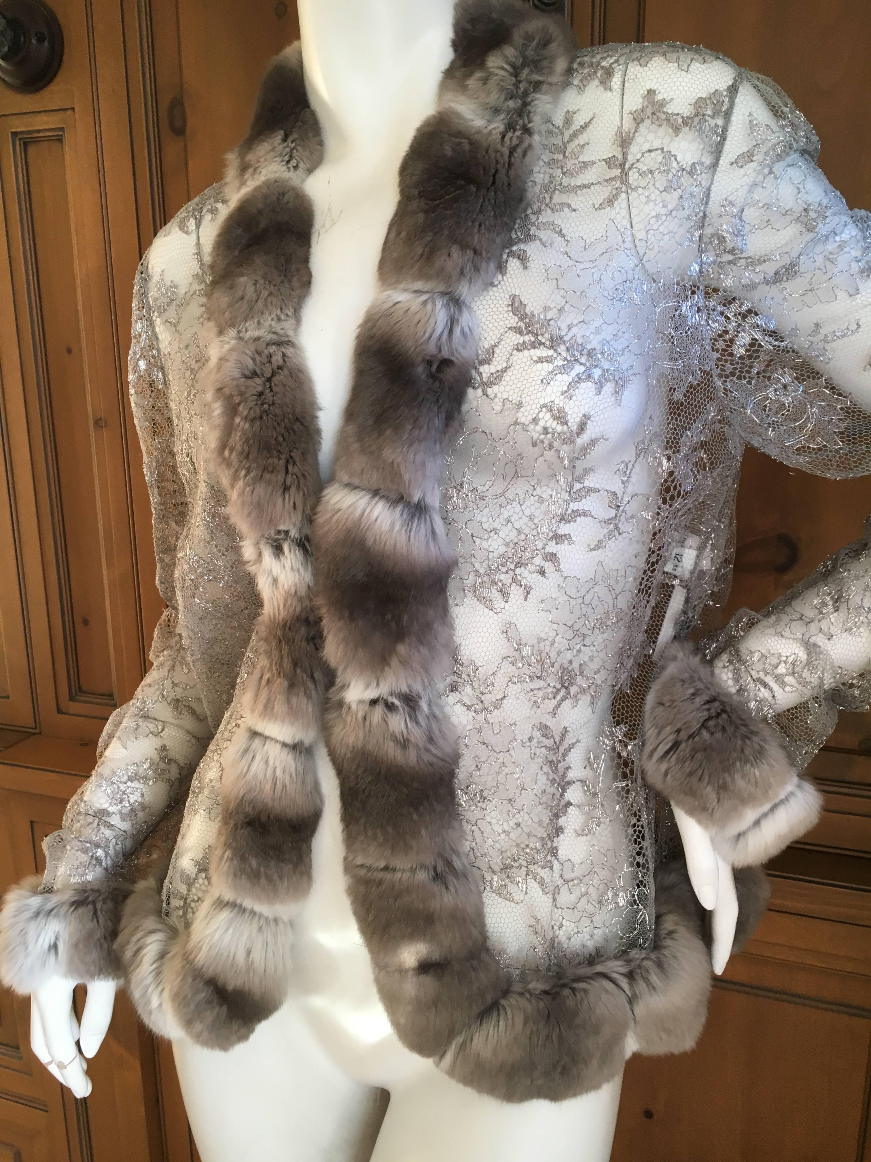 Women's Bill Blass 1980's Sheer Silver Lace Jacket with Genuine Chinchilla Trim For Sale