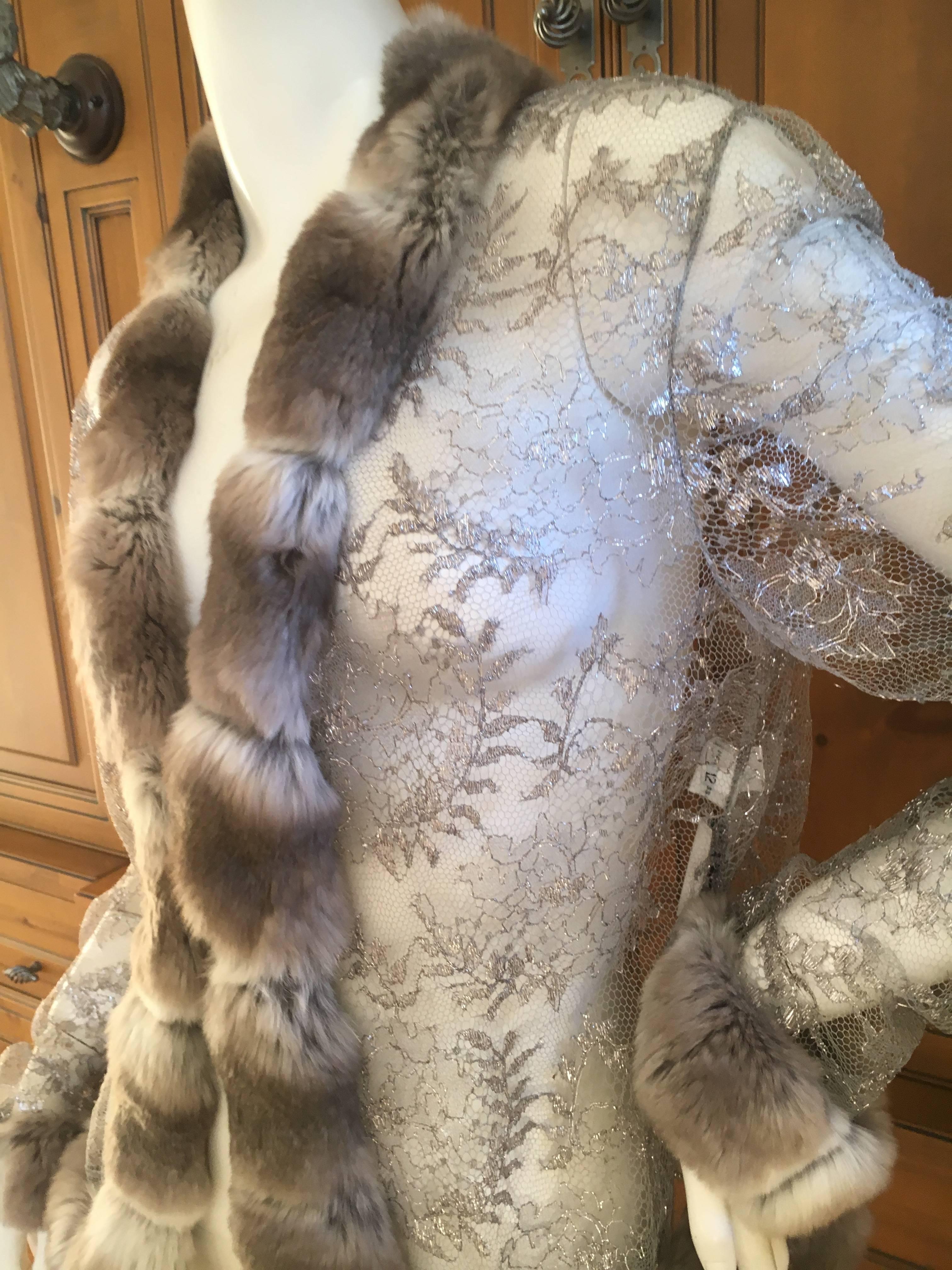 Bill Blass 1980's Sheer Silver Lace Jacket with Genuine Chinchilla Trim For Sale 2
