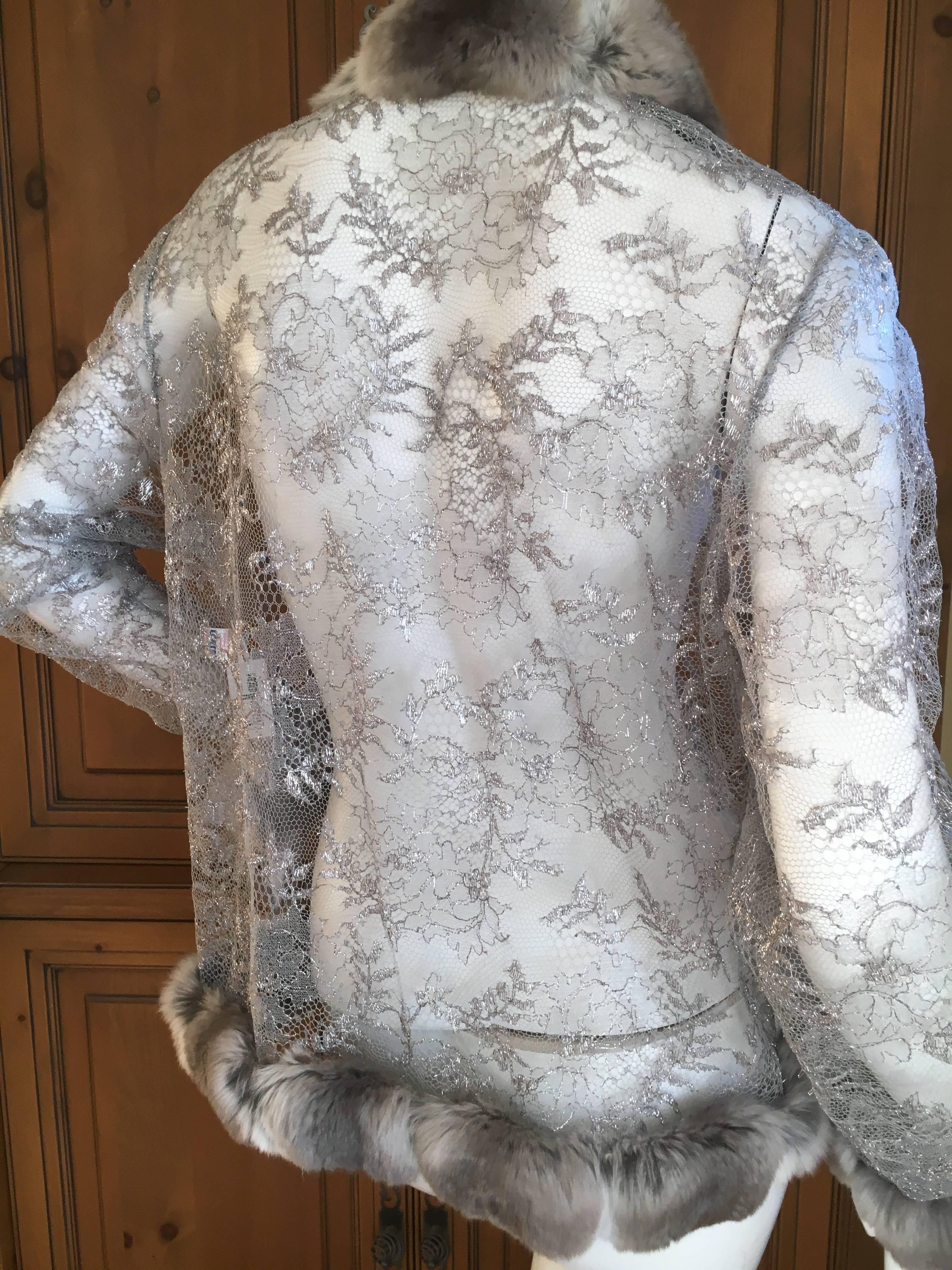 Bill Blass 1980's Sheer Silver Lace Jacket with Genuine Chinchilla Trim For Sale 3