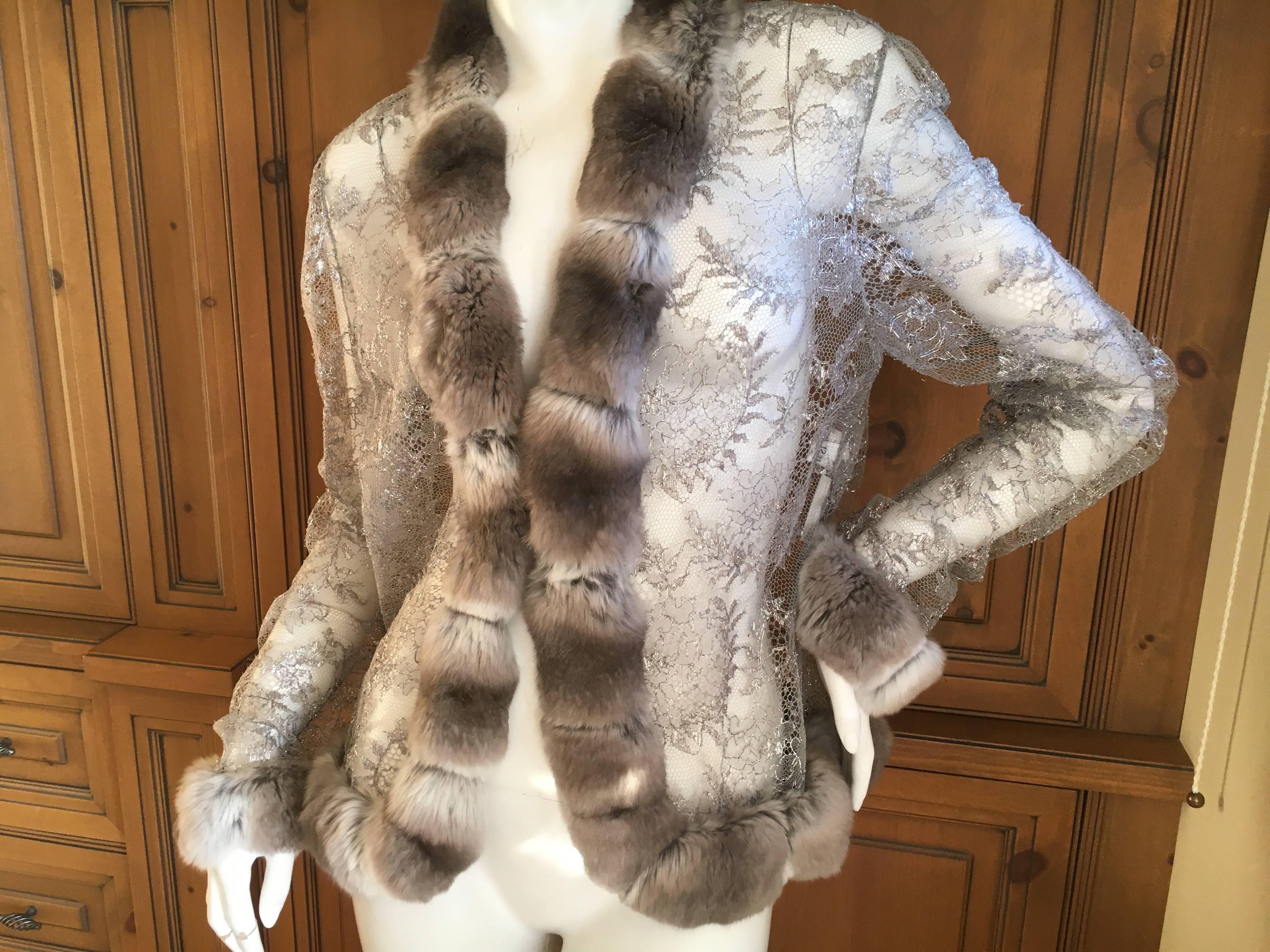 Bill Blass 1980's Sheer Silver Lace Jacket with Genuine Chinchilla Trim For Sale 4