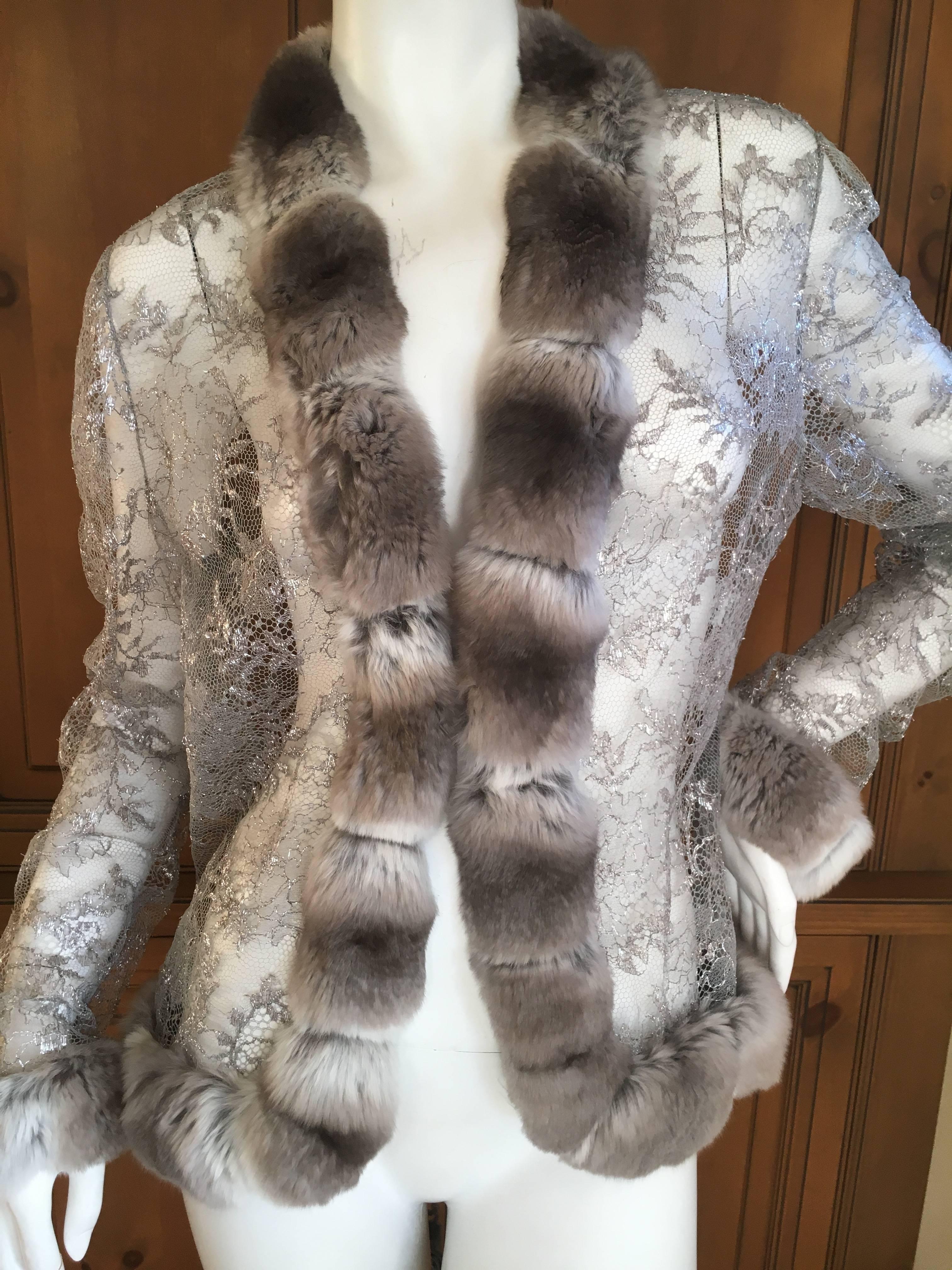 Bill Blass 1980's Sheer Silver Lace Jacket with Genuine Chinchilla Trim For Sale 6