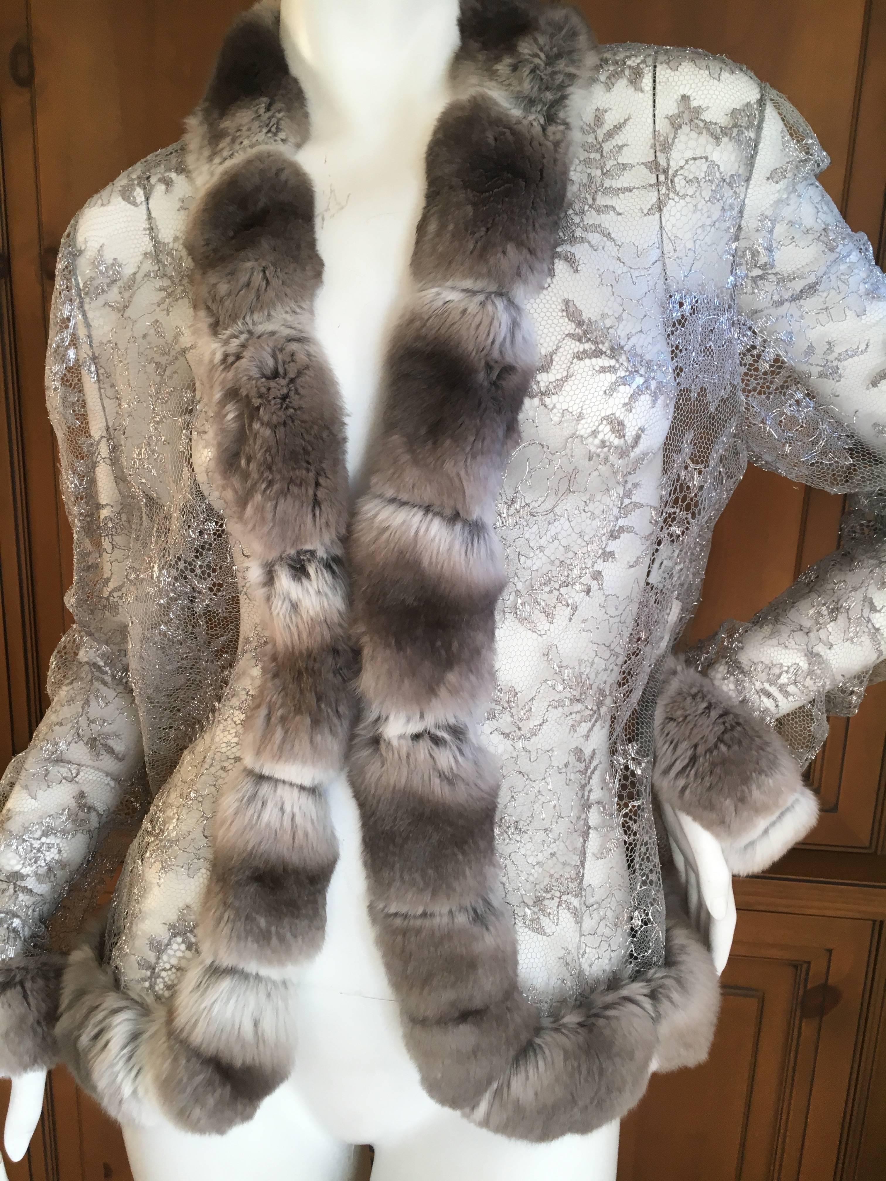 Bill Blass 1980's Sheer Silver Lace Jacket with Genuine Chinchilla Trim
Size 12
Bust 44"
Length 24"