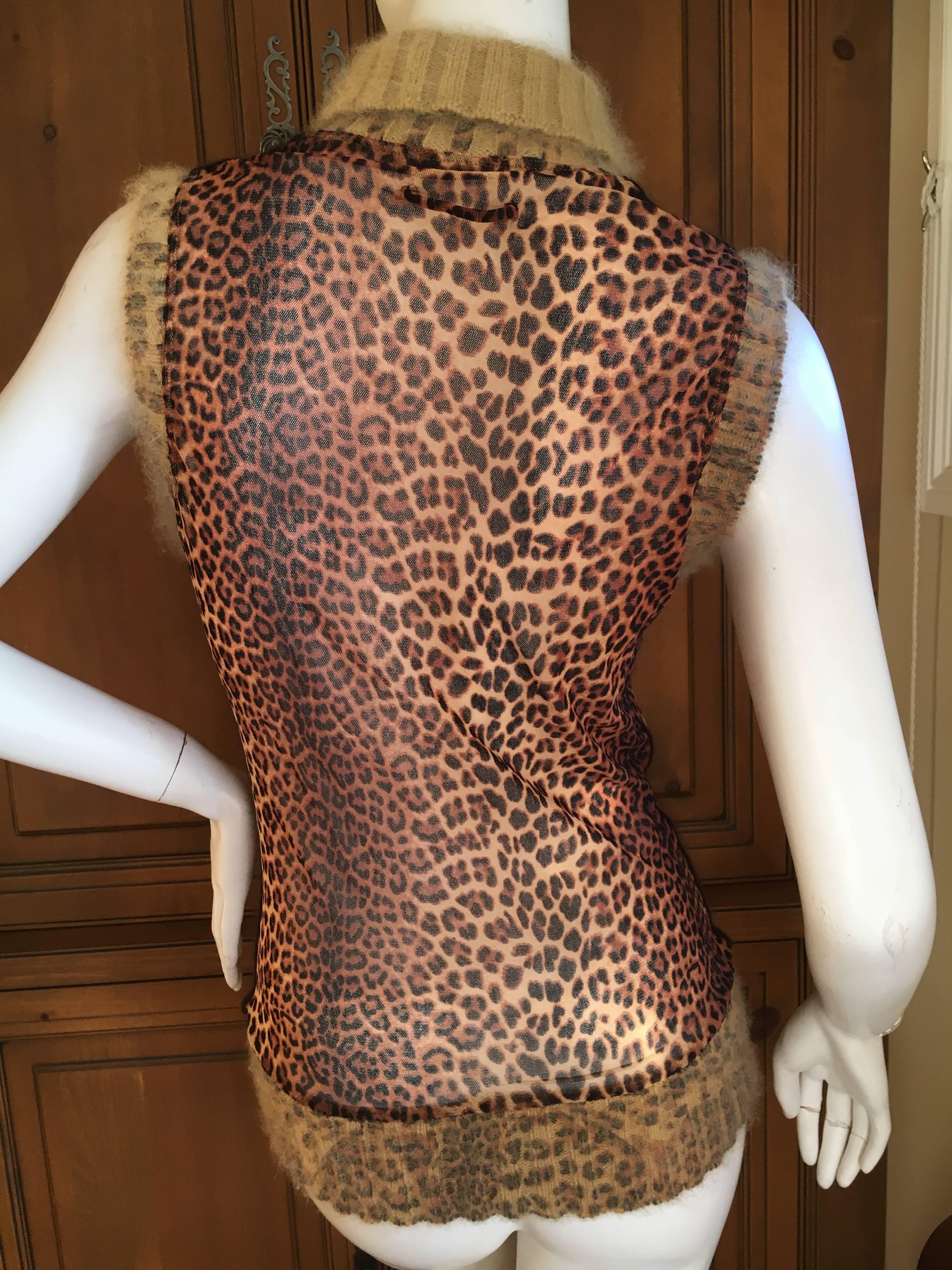 Brown Jean Paul Gaultier Maille 1990's Leopard Sleeveless Top with Ribbed Knit Trim For Sale