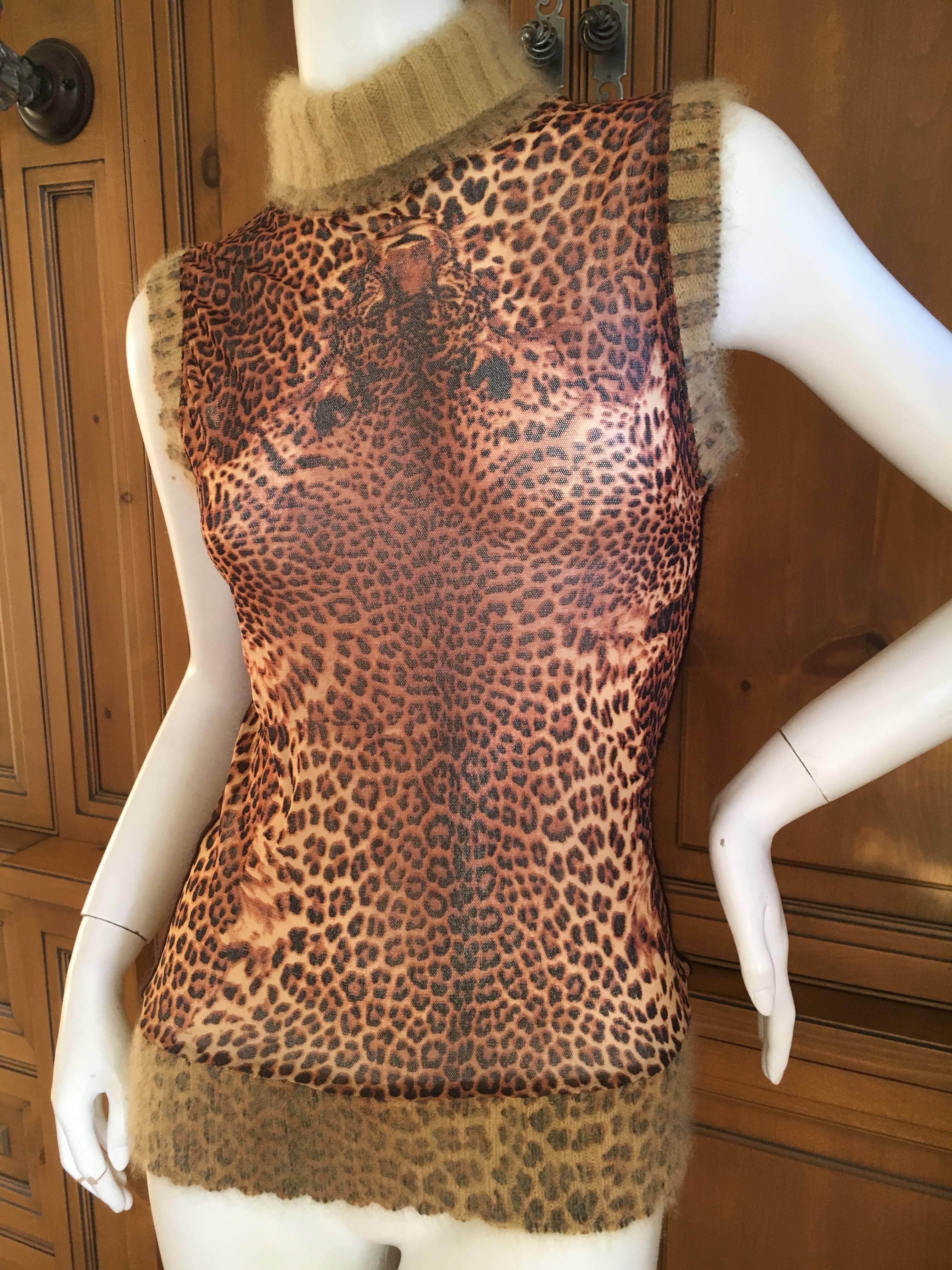 Jean Paul Gaultier Maille 1990's Leopard Sleeveless Top with Ribbed Knit Trim In Excellent Condition For Sale In Cloverdale, CA