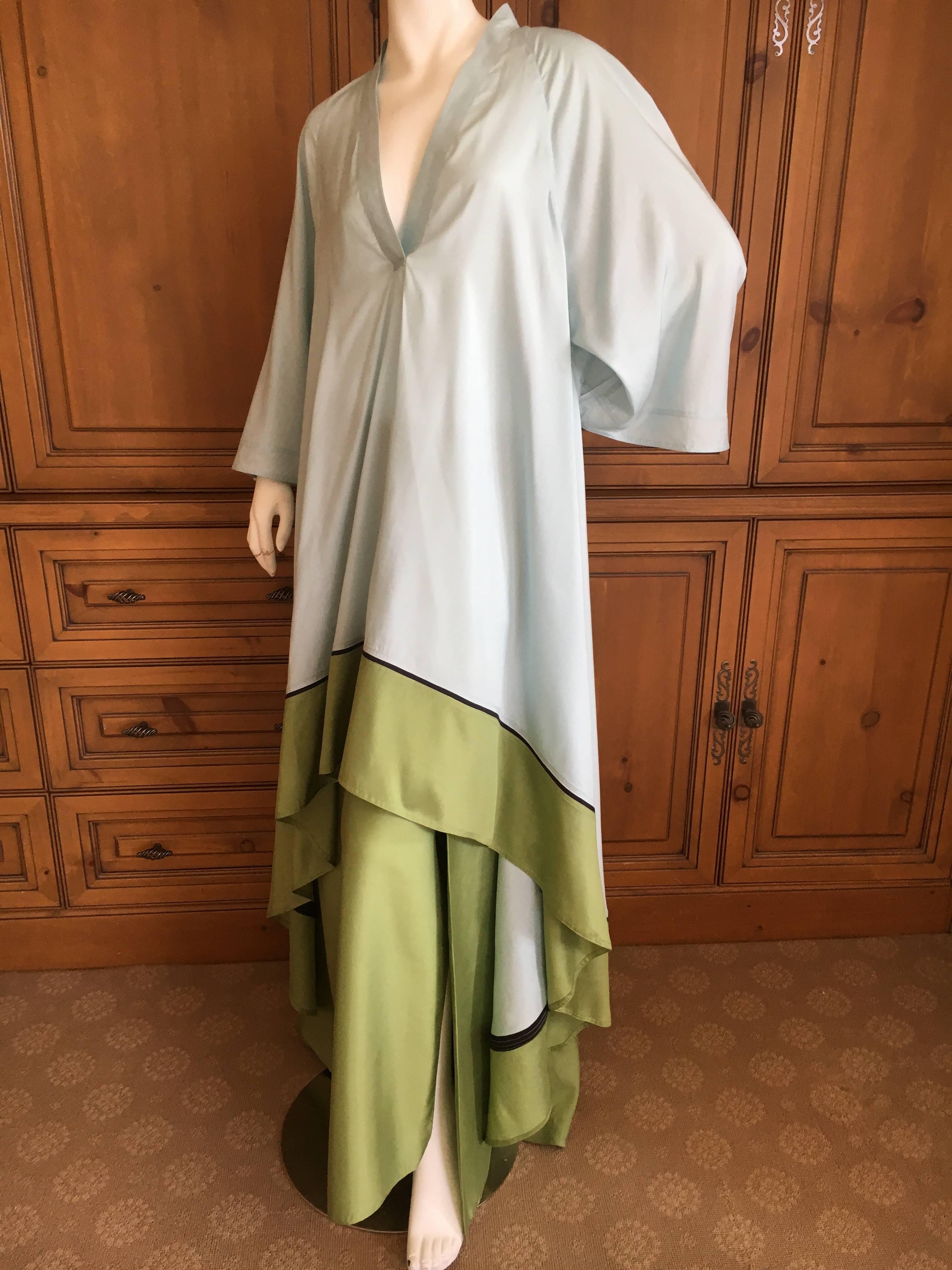 Chado Ralph Rucci Silk Turquoise & Green Caftan and Matching Wide Leg Pant For Sale 1