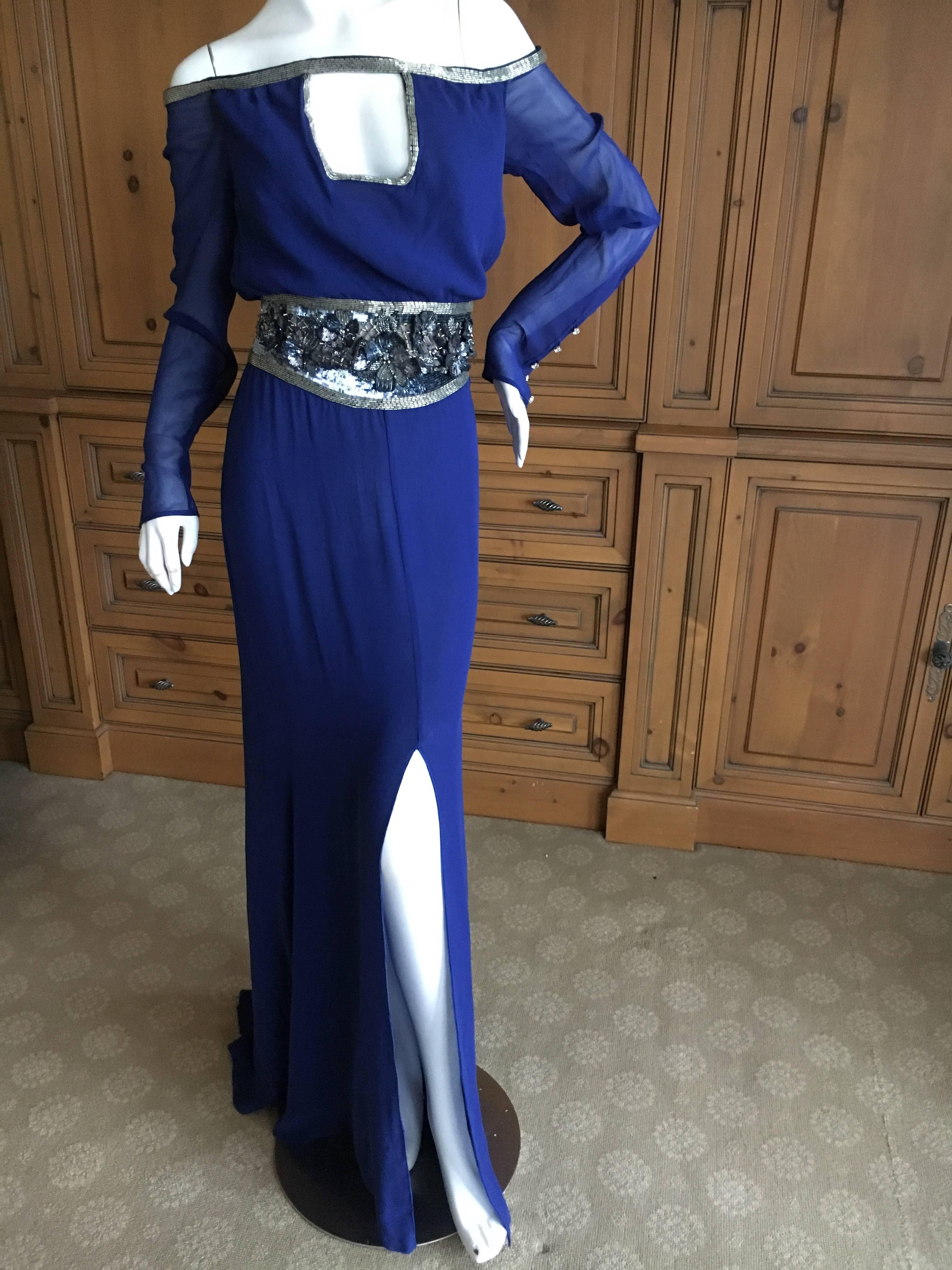 Valentino Silk Chiffon Off the Shoulder Beaded Evening Dress with Keyhole Bust In Excellent Condition For Sale In Cloverdale, CA
