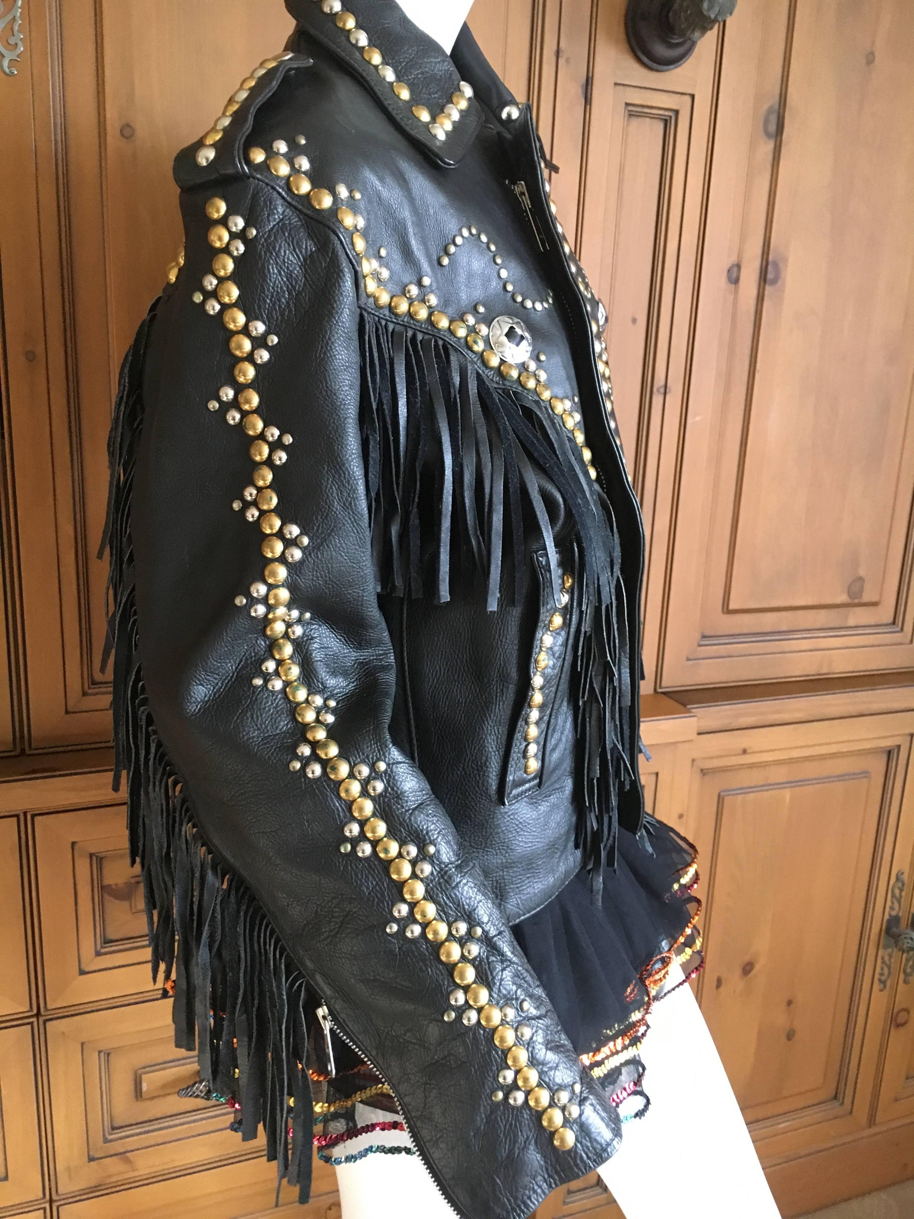 Black Vintage Men's Leather Motorcycle Jacket with Fringe and Studs