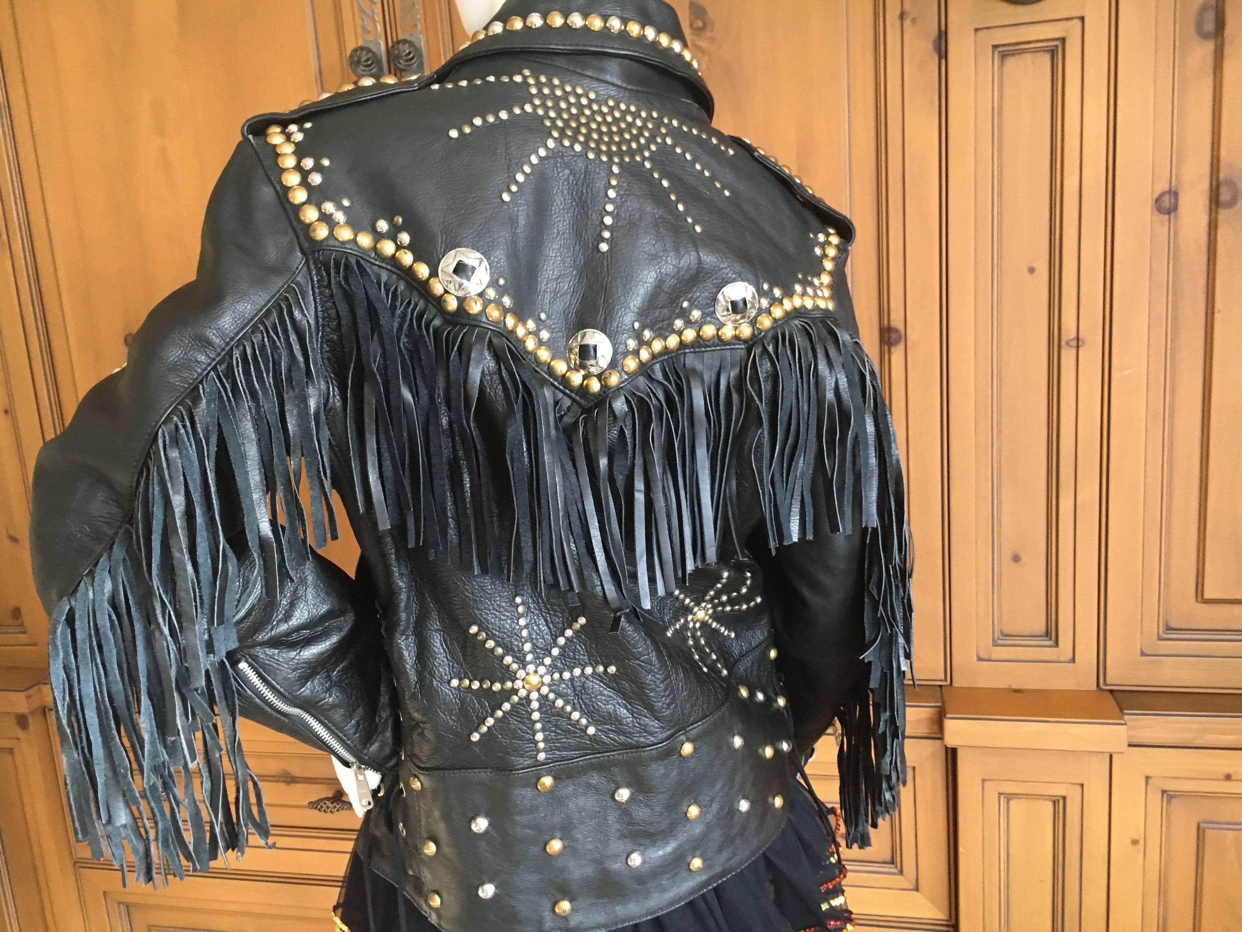 Vintage Men's Leather Motorcycle Jacket with Fringe and Studs In Good Condition In Cloverdale, CA