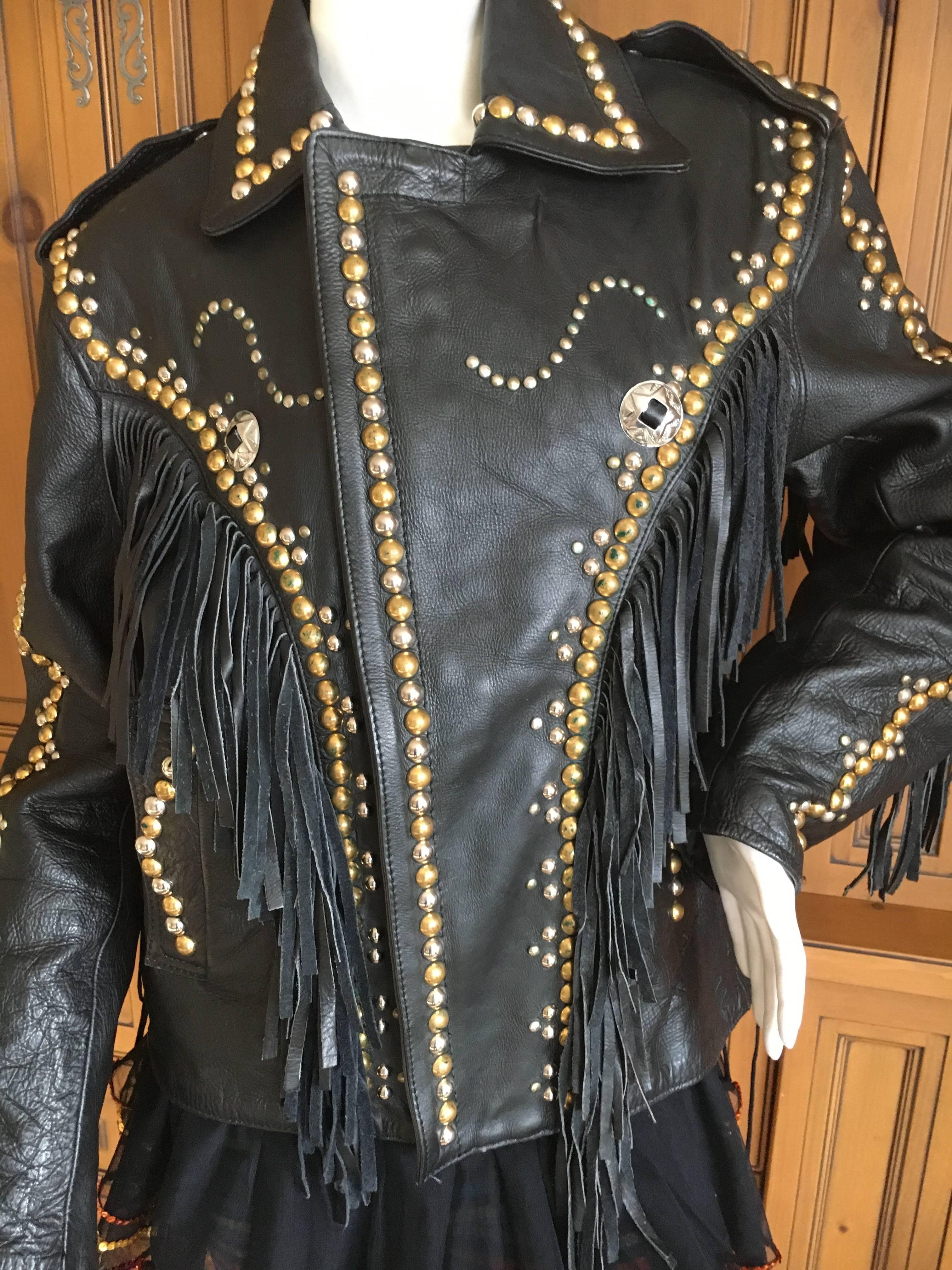 Women's or Men's Vintage Men's Leather Motorcycle Jacket with Fringe and Studs