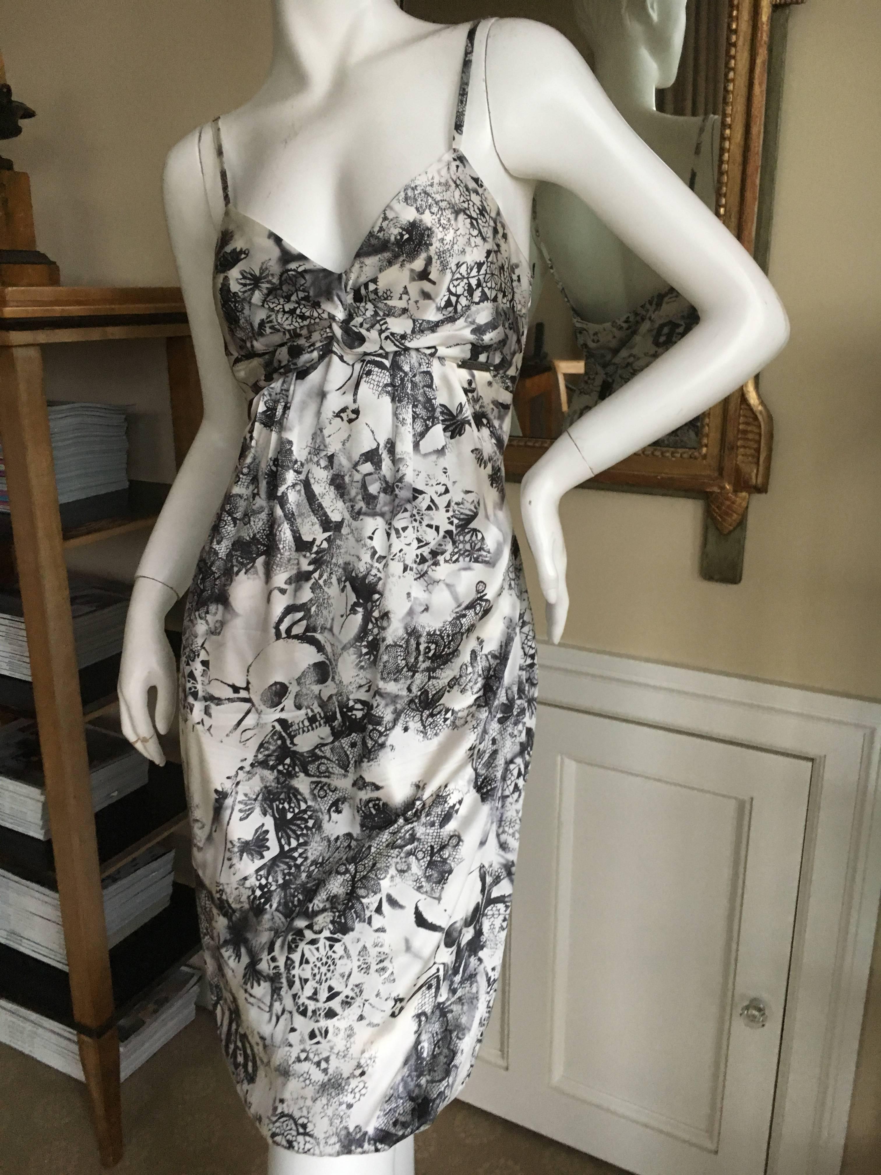 Gray John Galliano Sweet Vintage Silk Cocktail Dress with Death Head Pattern For Sale