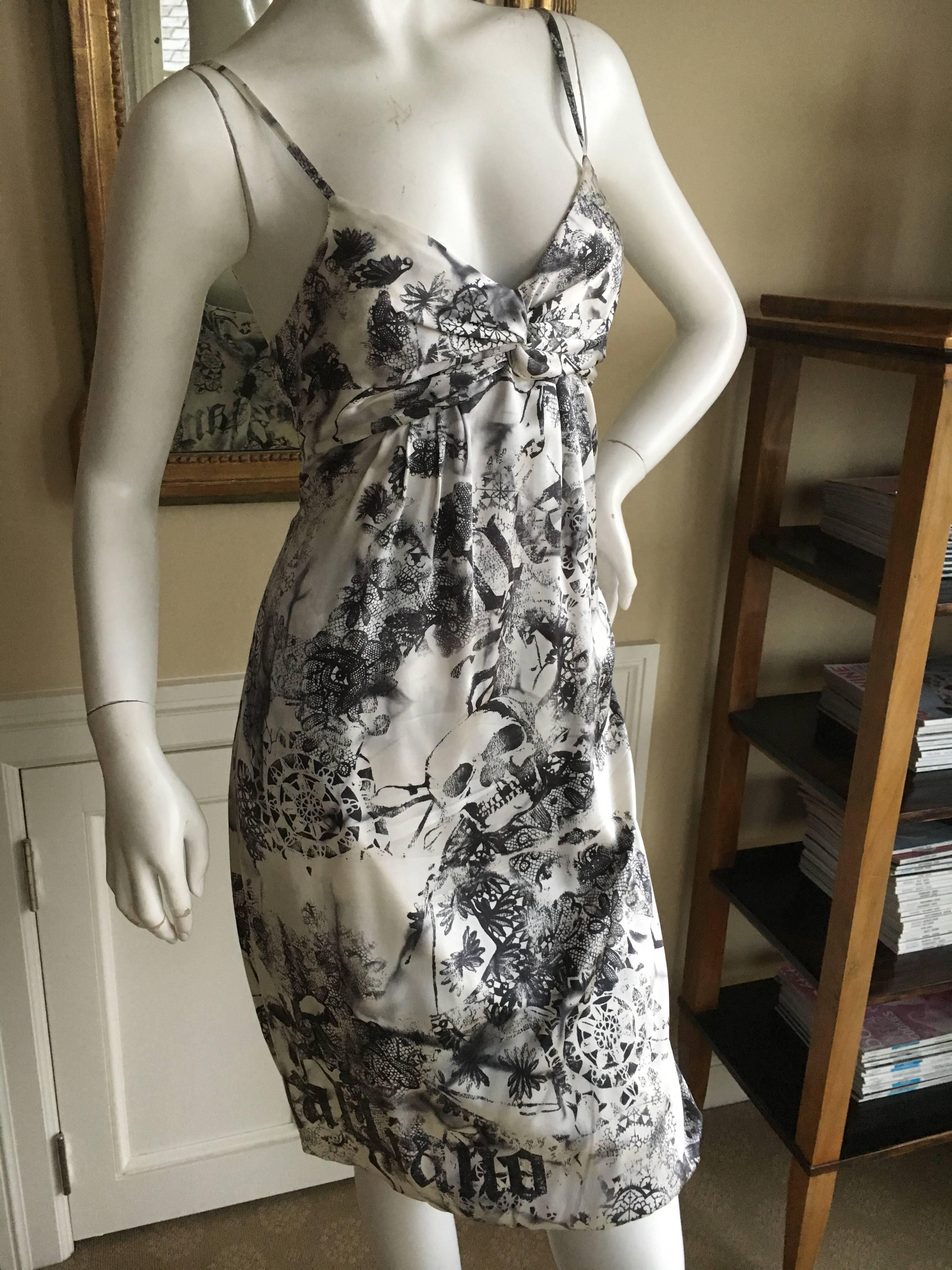 John Galliano Sweet Vintage Silk Cocktail Dress with Death Head Pattern For Sale 2