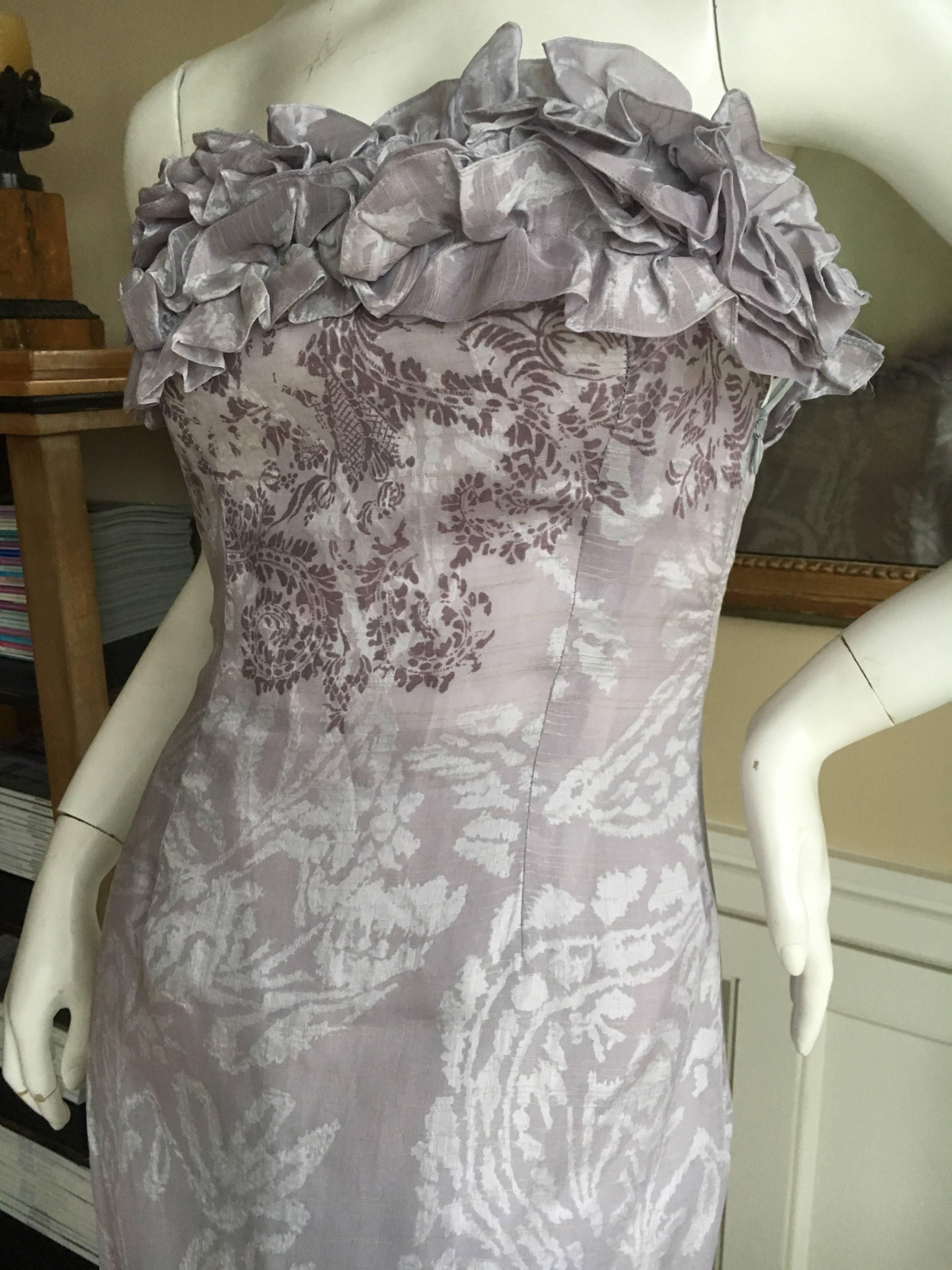 Christian Lacroix  Ruffled Gray Silk Jacquard Strapless Evening Dress with Train In Excellent Condition For Sale In Cloverdale, CA
