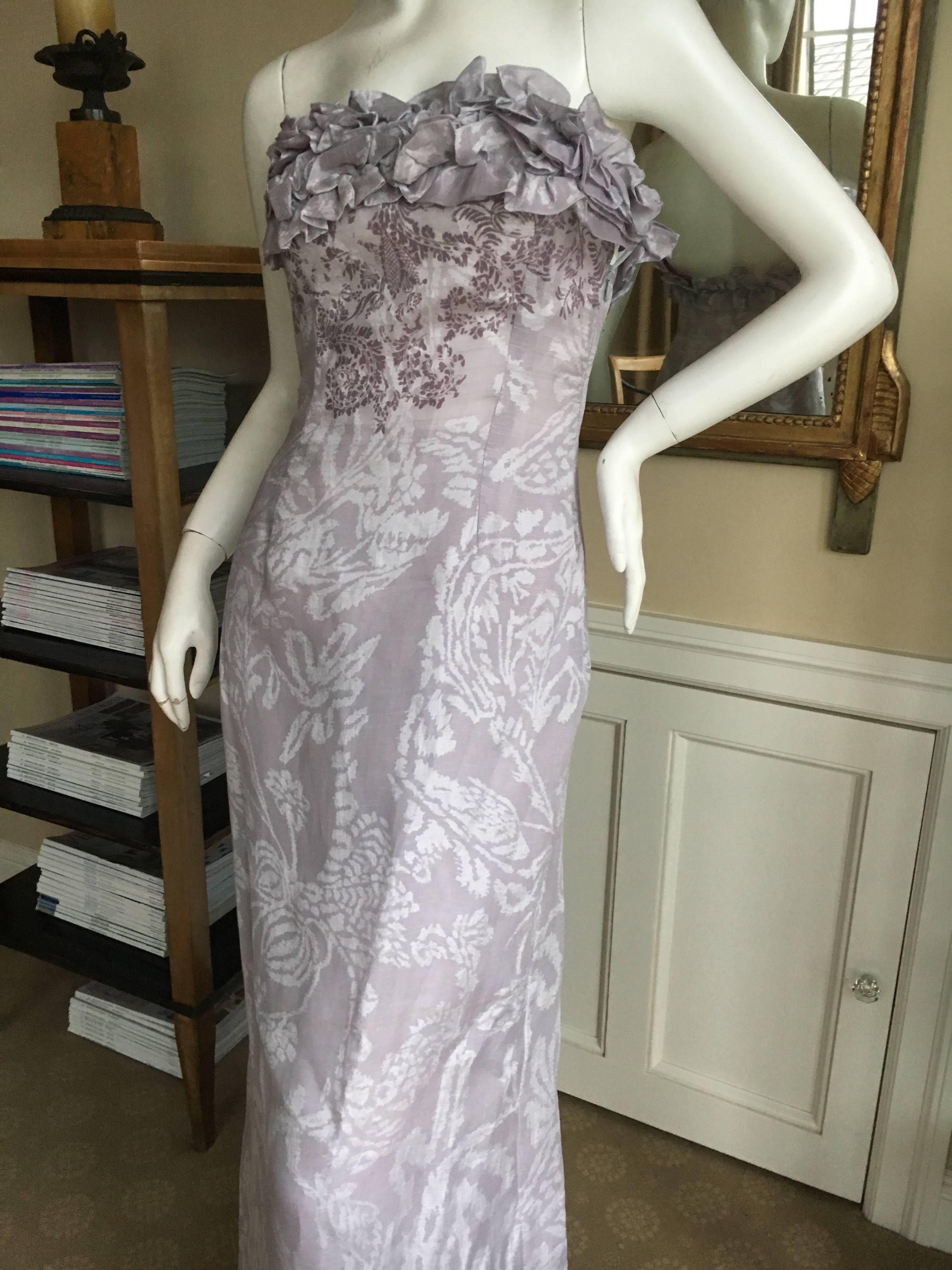 Christian Lacroix  Ruffled Gray Silk Jacquard Strapless Evening Dress with Train For Sale 1