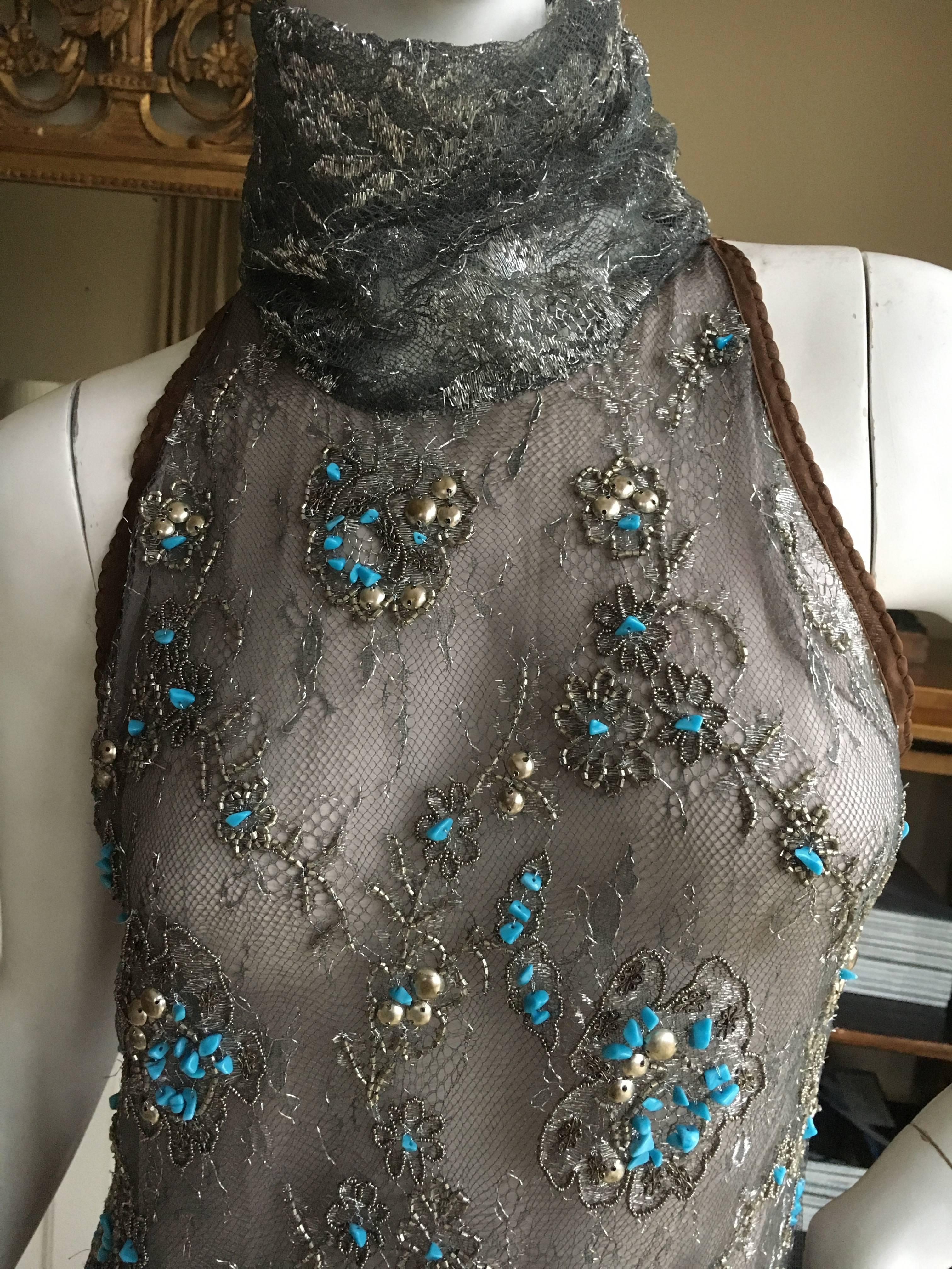 Women's Gianfranco Ferre Silver Lace Tunic with Couture Quality Turquoise Embellishment For Sale