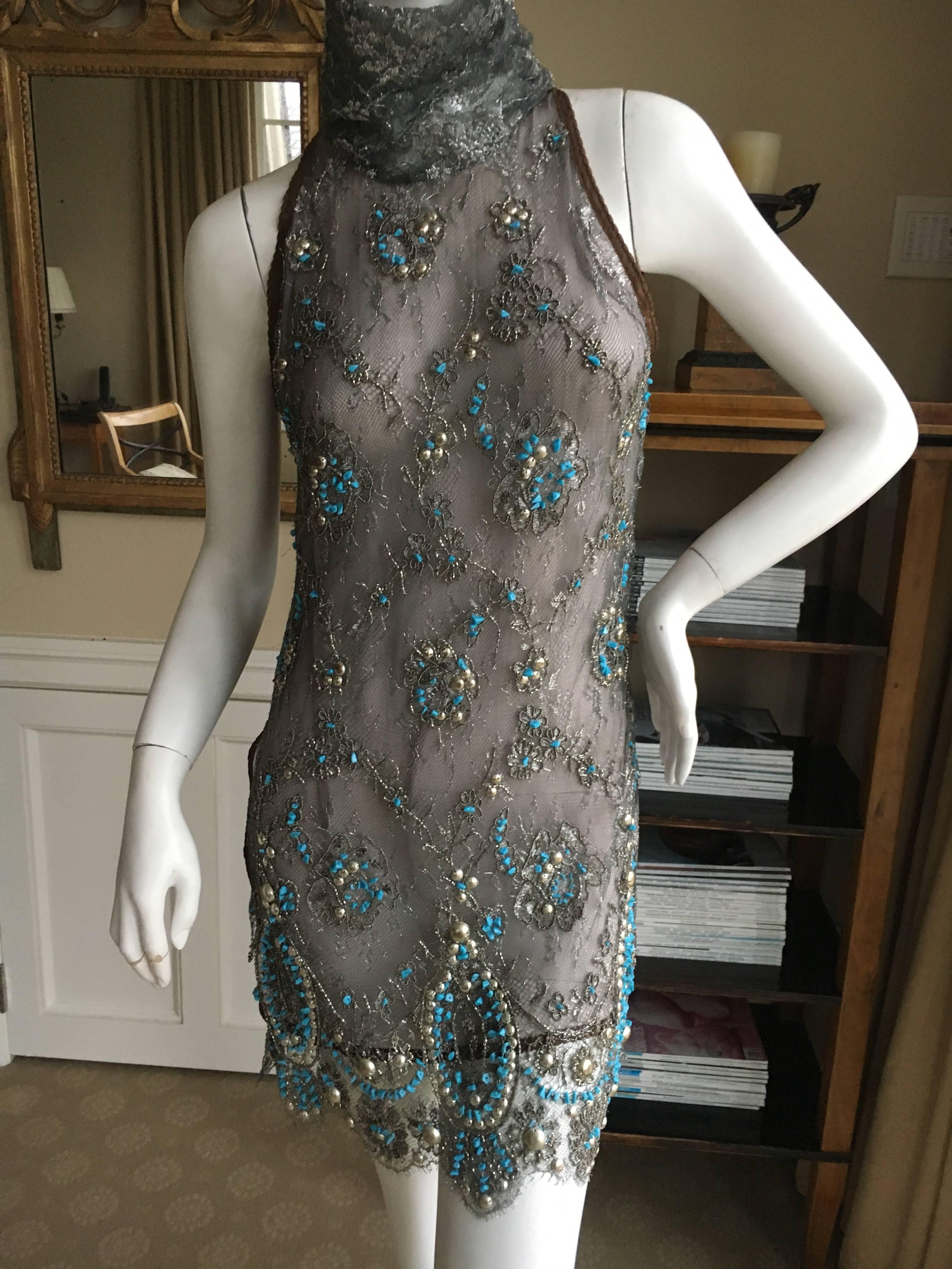 Gianfranco Ferre Silver Lace Tunic with Couture Quality Turquoise Embellishment In Excellent Condition For Sale In Cloverdale, CA
