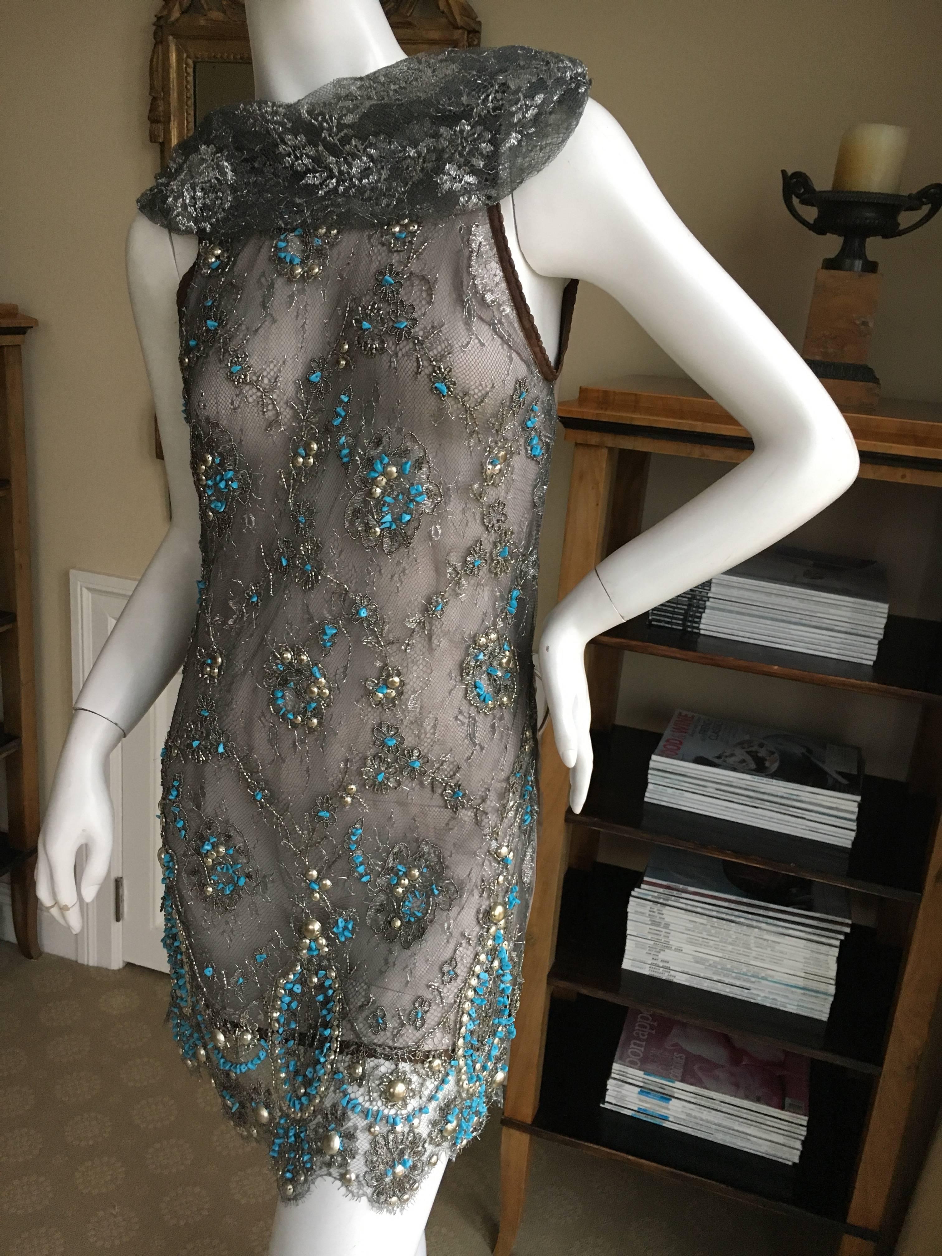 Gianfranco Ferre Silver Lace Tunic with Couture Quality Turquoise Embellishment For Sale 1