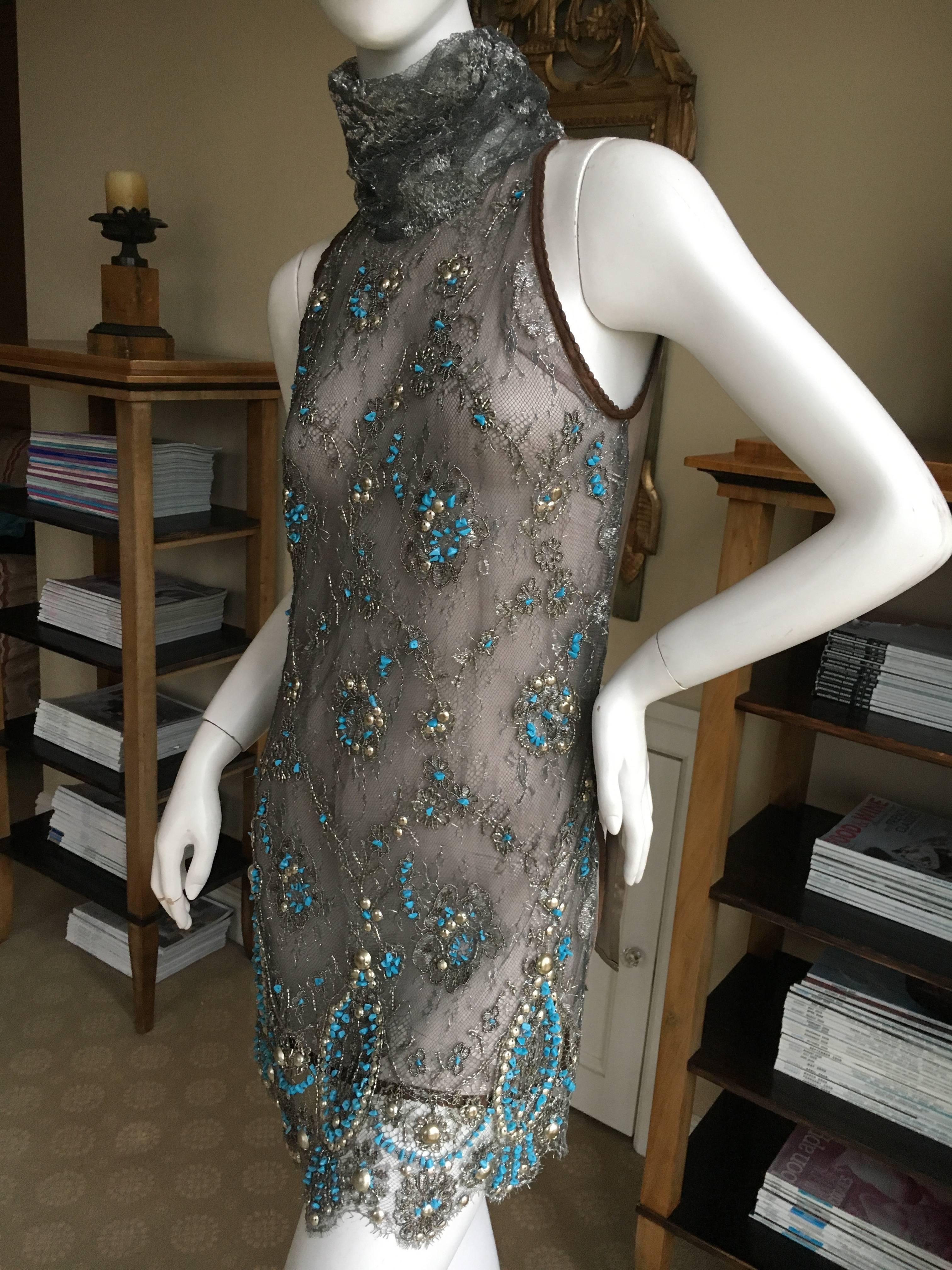 Gianfranco Ferre Silver Lace Tunic with Couture Quality Turquoise Embellishment For Sale 2
