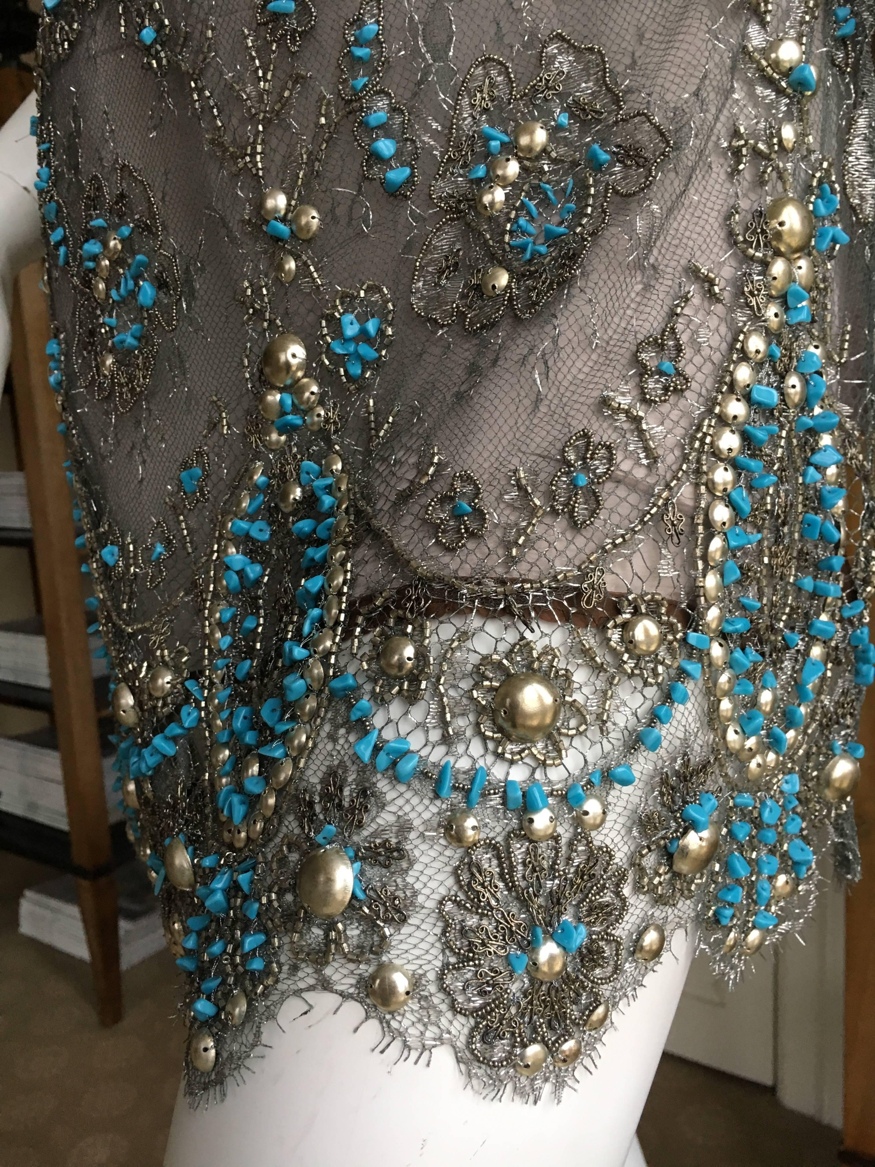 Gianfranco Ferre Silver Lace Tunic with Couture Quality Turquoise Embellishment For Sale 3