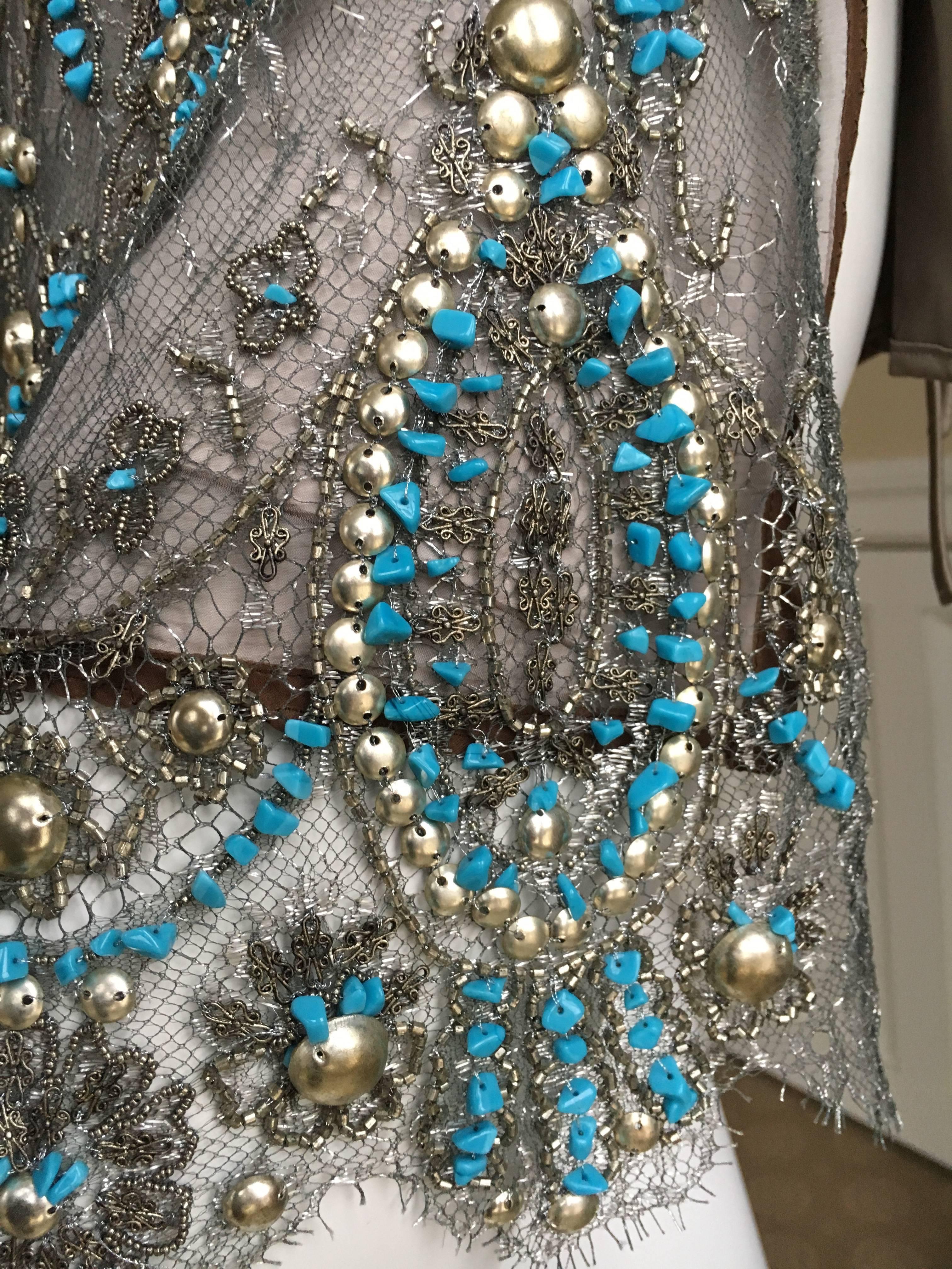 Gianfranco Ferre Silver Lace Tunic with Couture Quality Turquoise Embellishment For Sale 4