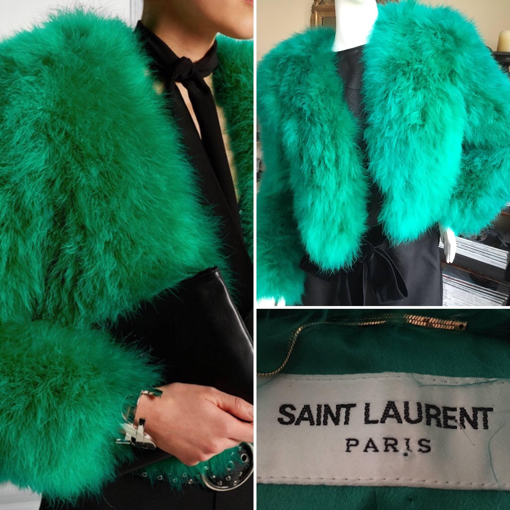  Saint Laurent by Hedi Slimane 2015 Green Turkey Feather Jacket.
Lined in green silk
New with out tags , it retailed for $5754
Made in France 
Size 38
Bust: 40"
Waist: 34"
Shoulder: 22"
Length: 21"
Sleeve: 29"