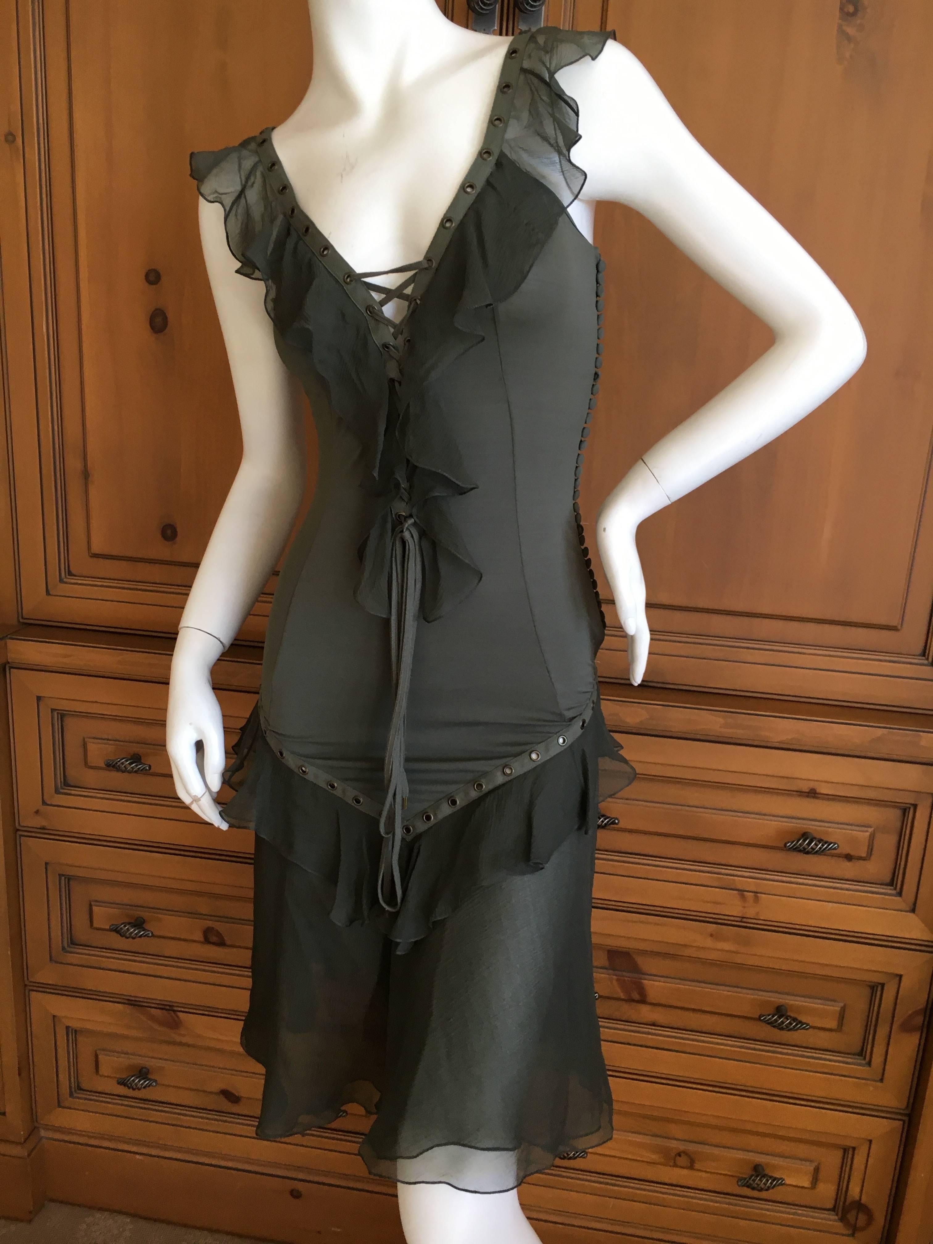 Christian Dior by John Galliano Moss Green Corset Lace Ruffled Silk Dress In Excellent Condition For Sale In Cloverdale, CA