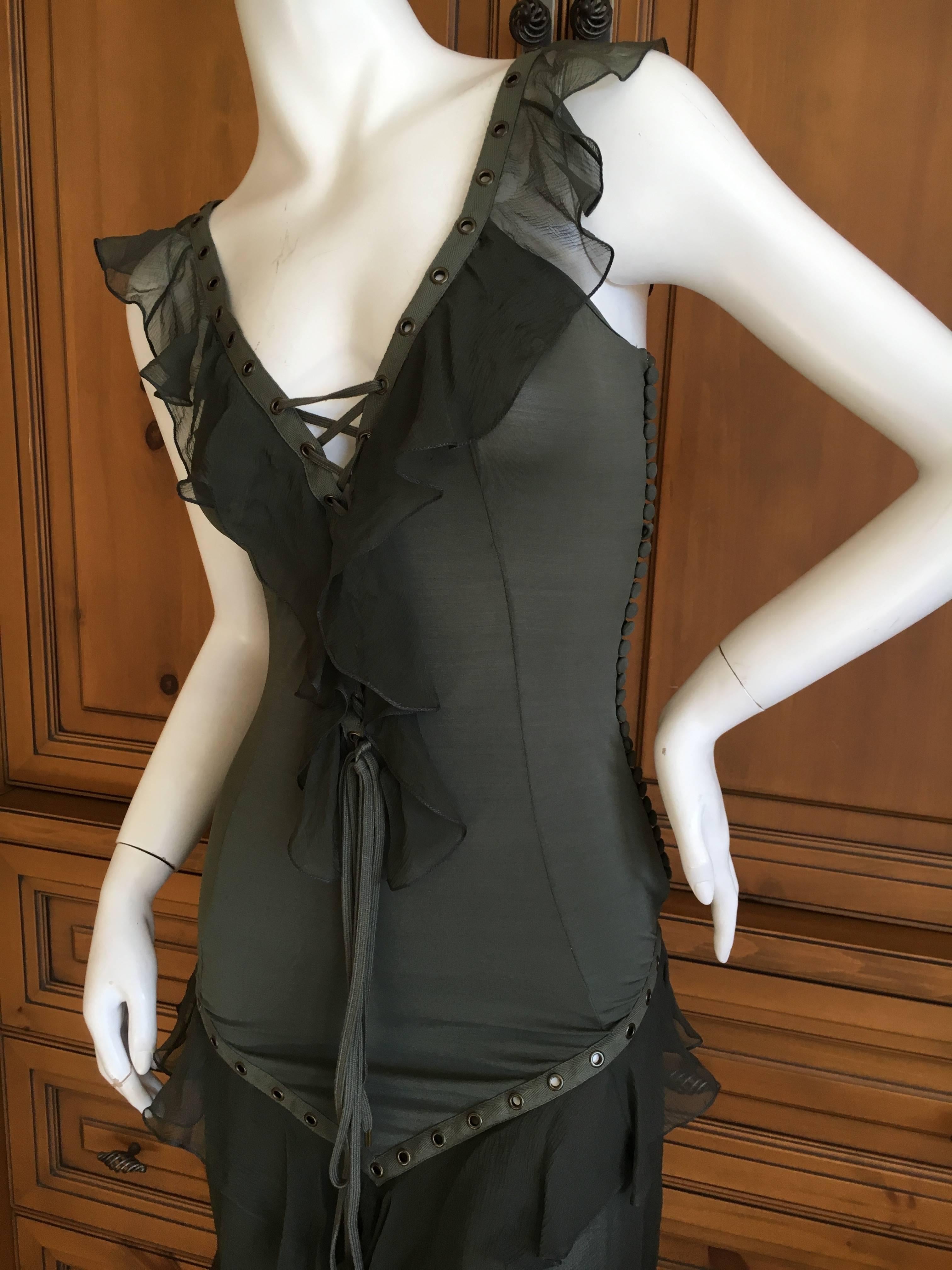 Christian Dior by John Galliano Moss Green Corset Lace Ruffled Silk Dress For Sale 1