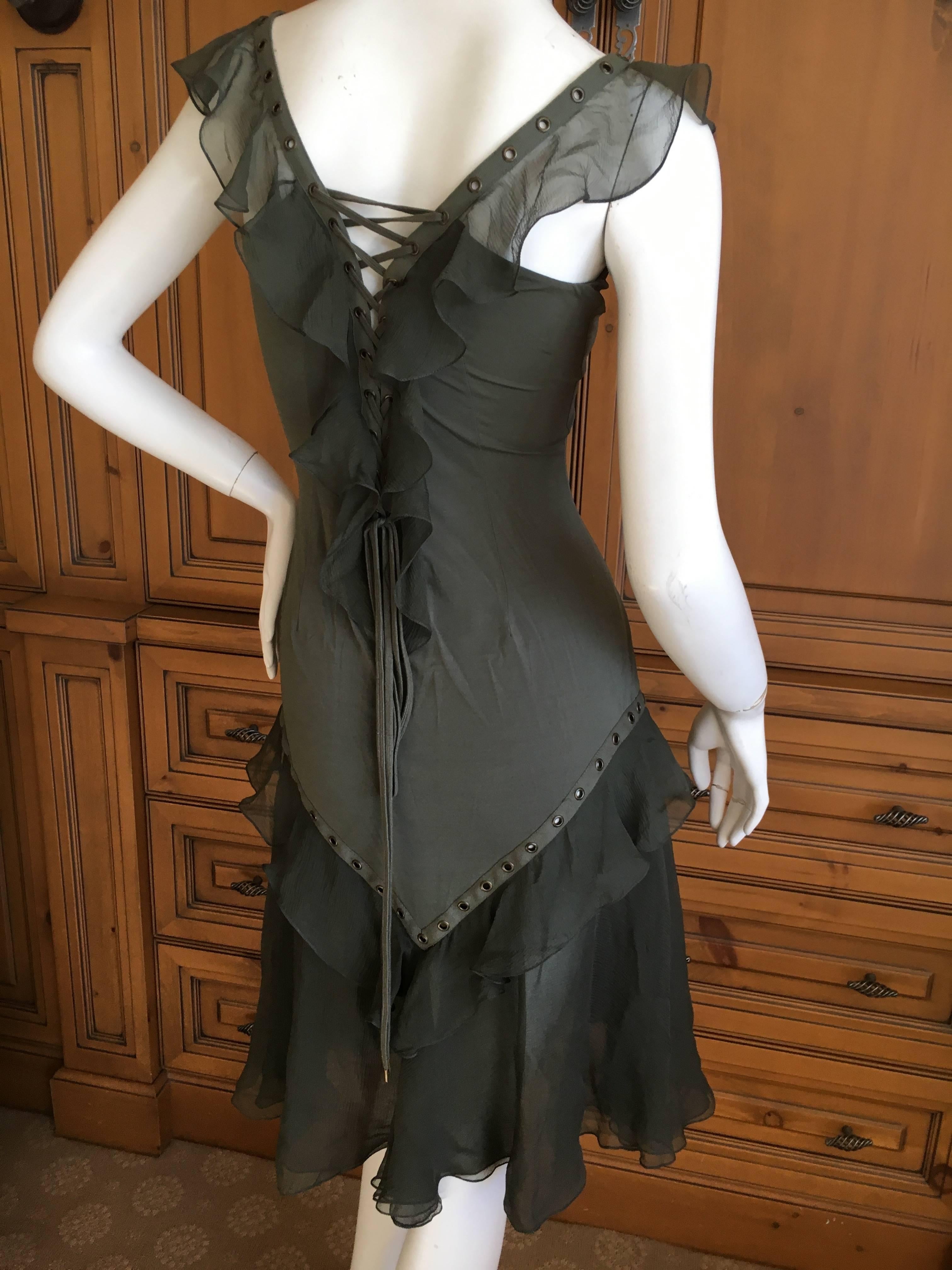 Christian Dior by John Galliano Moss Green Corset Lace Ruffled Silk Dress For Sale 2