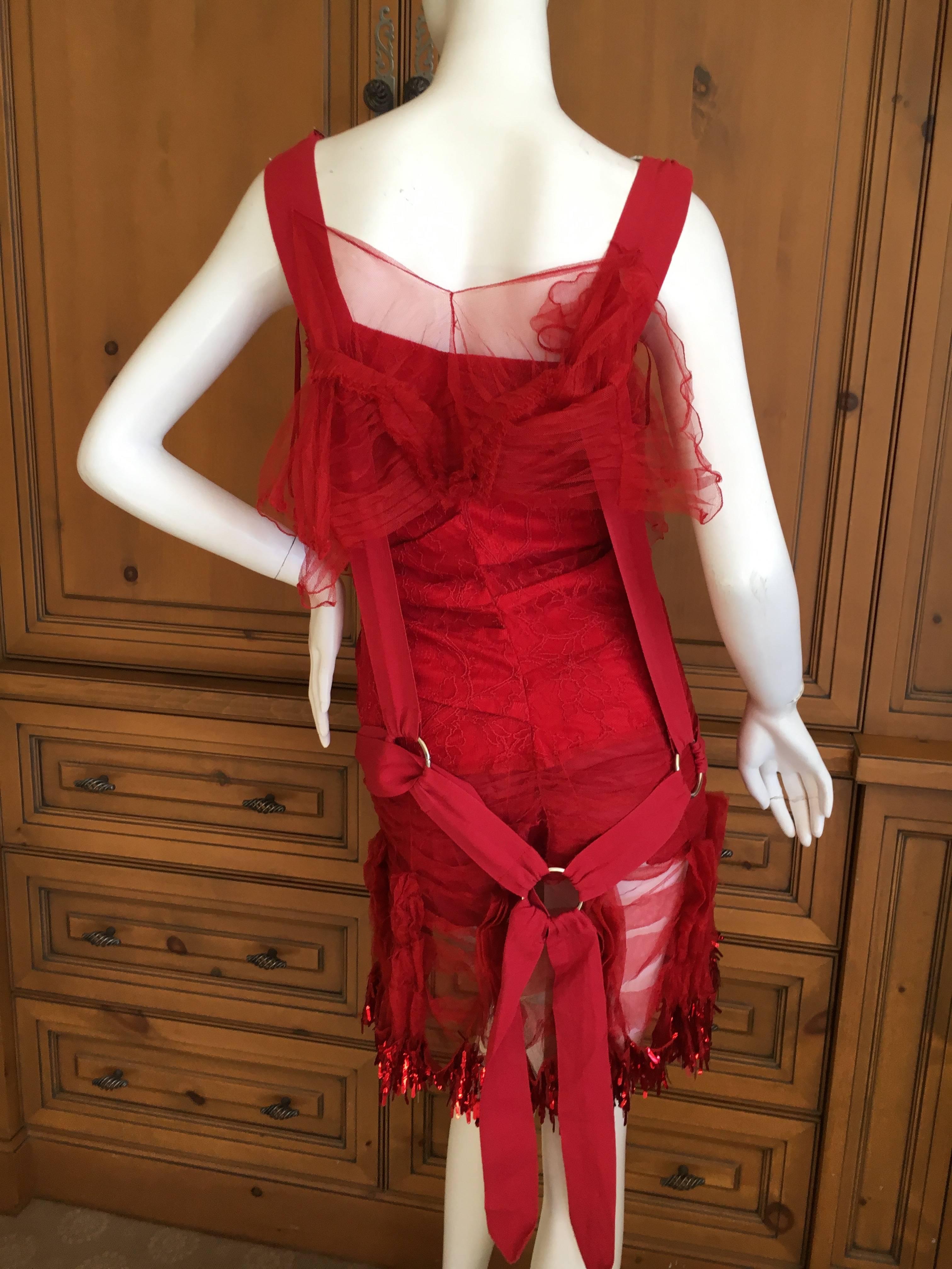 Women's Dior by Galliano Sequin Accented Red Lace Cocktail Dress with Bondage Straps