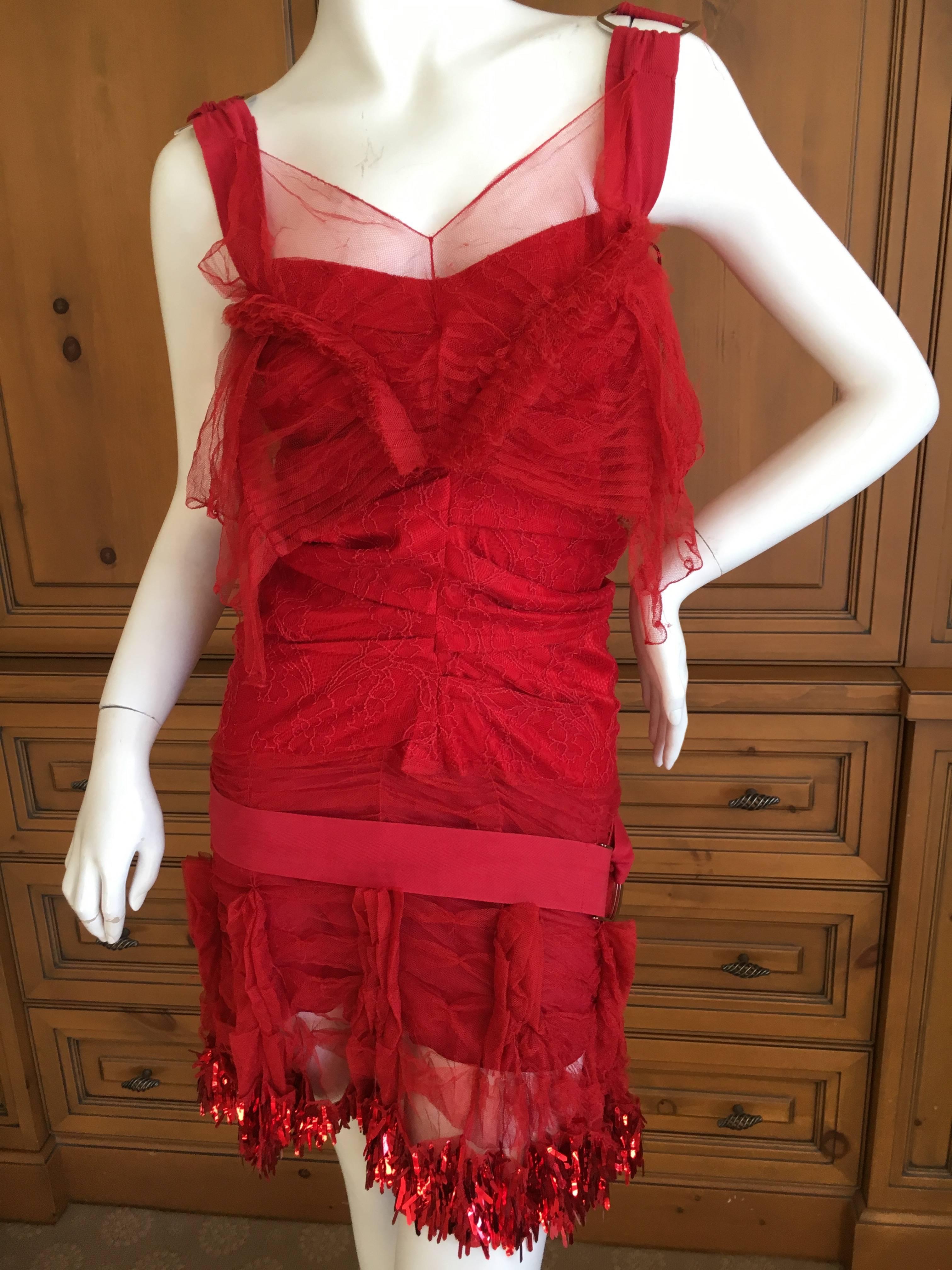 Dior by Galliano Sequin Accented Red Lace Cocktail Dress with Bondage Straps 1