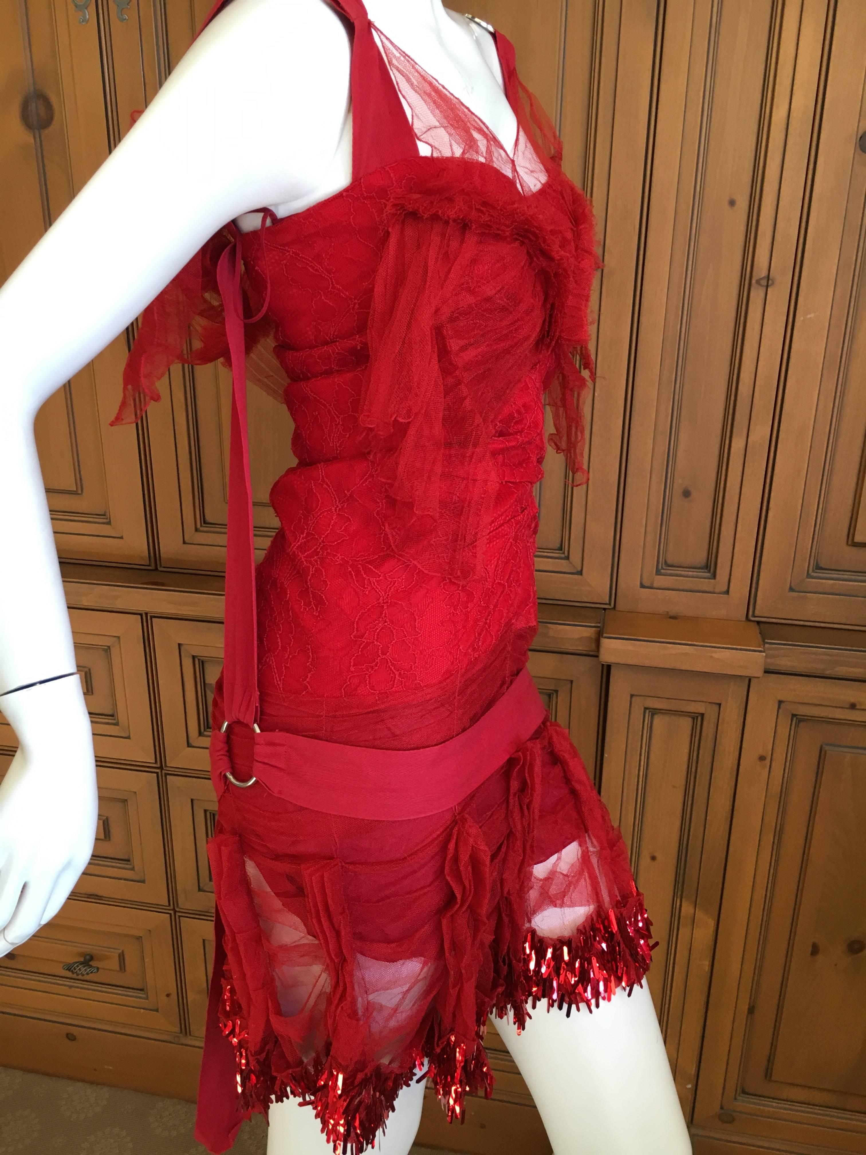 Dior by Galliano Sequin Accented Red Lace Cocktail Dress with Bondage Straps 2