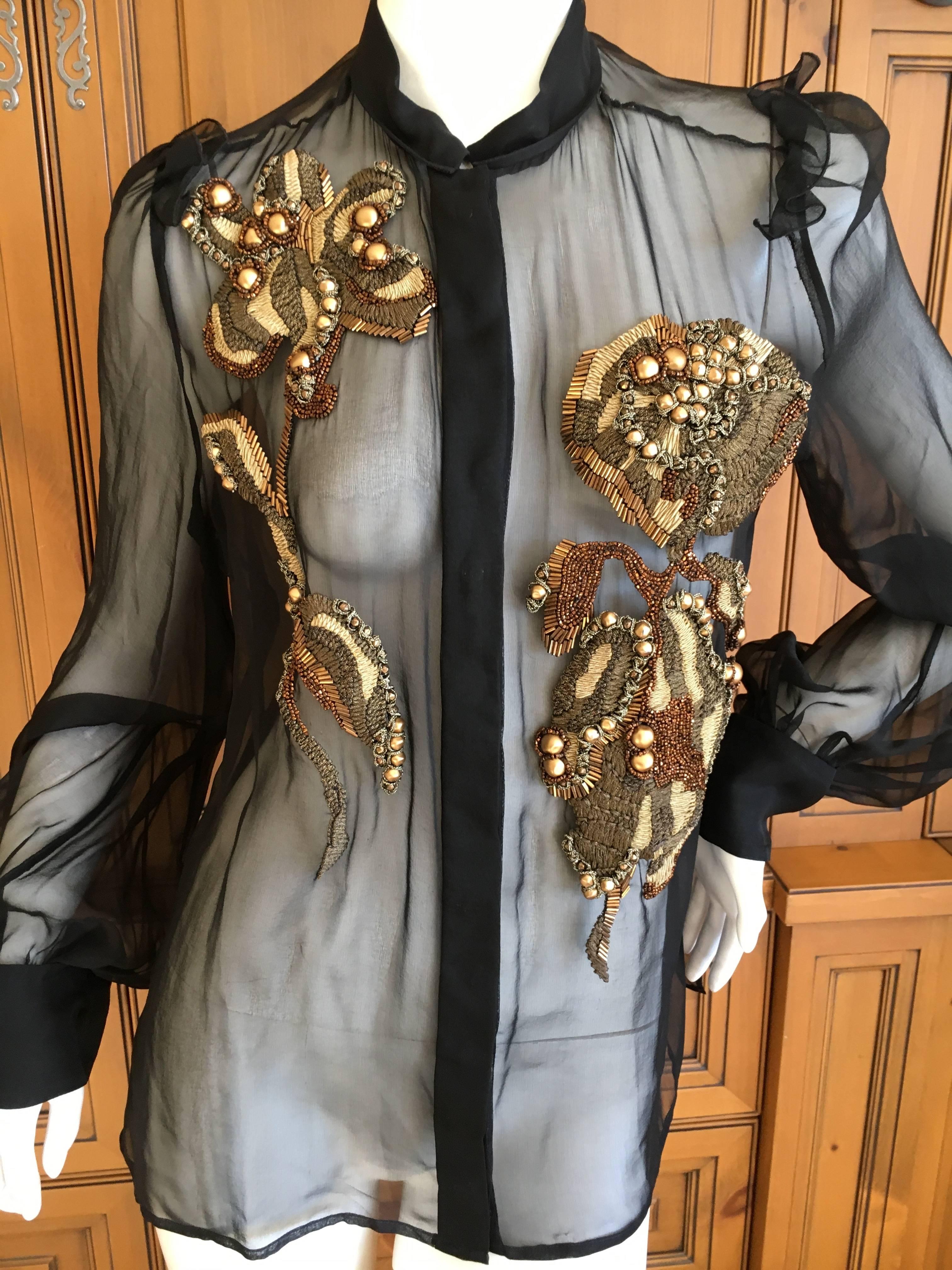 Yves Saint Laurent Sheer Blouse with Lesage Embellished Iris Flowers In Excellent Condition In Cloverdale, CA