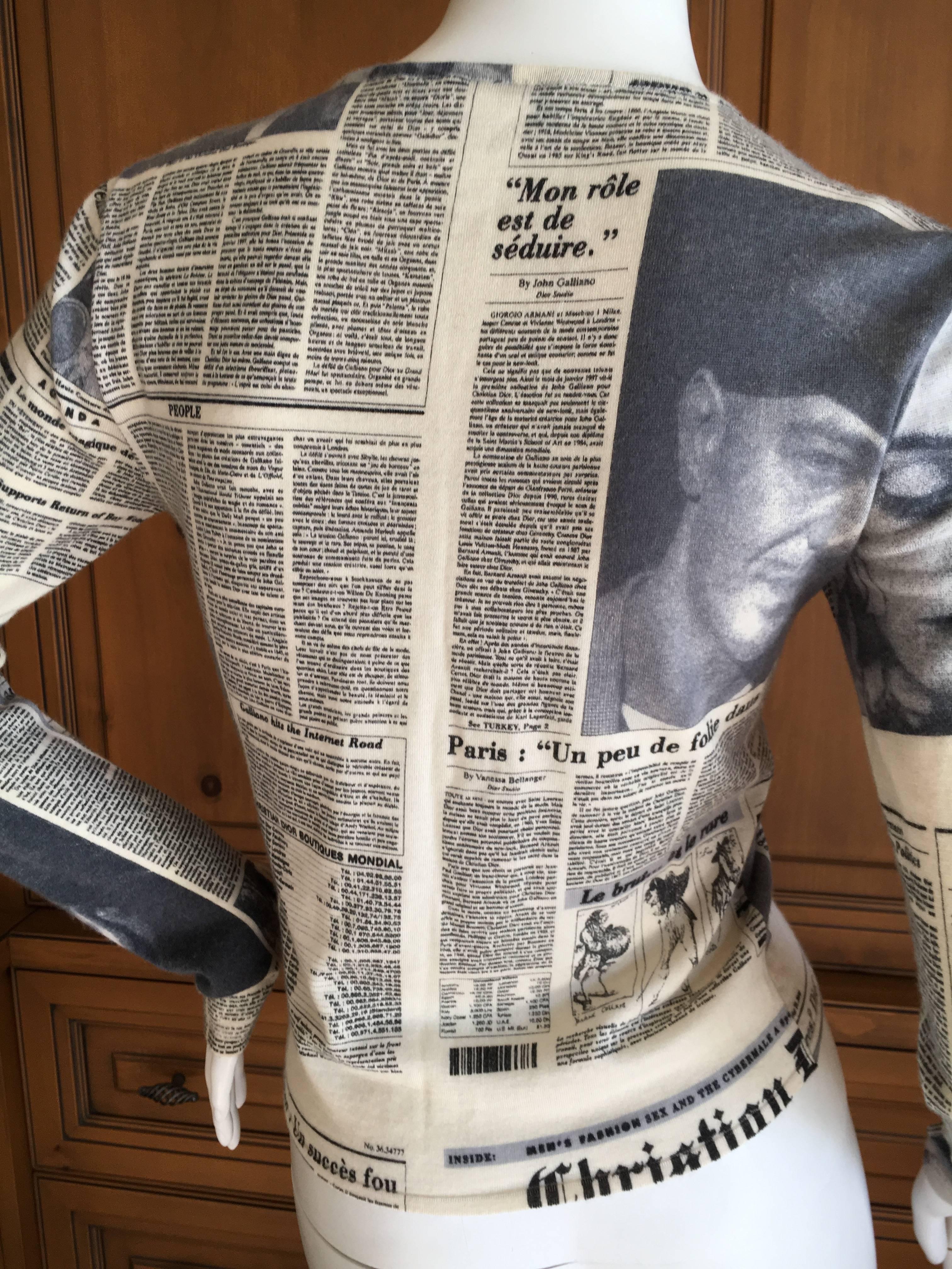 Christian Dior by Galliano Pure Cashmere Dior Gazette Newspaper Print CardiganSize 36"
Bust 34"
Wasit 30"
Length 20"
In excellent , unworn condition