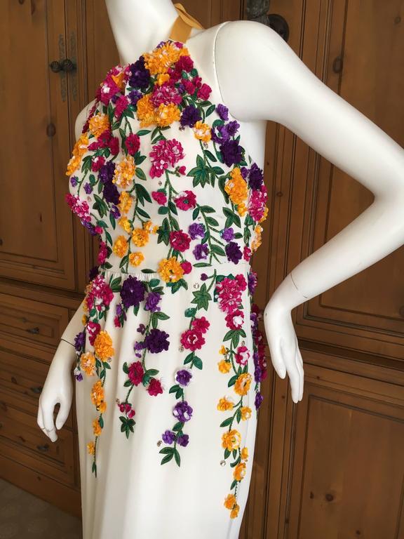 Oscar de la Renta Ivory Silk Halter Dress with Embellished Floral Details