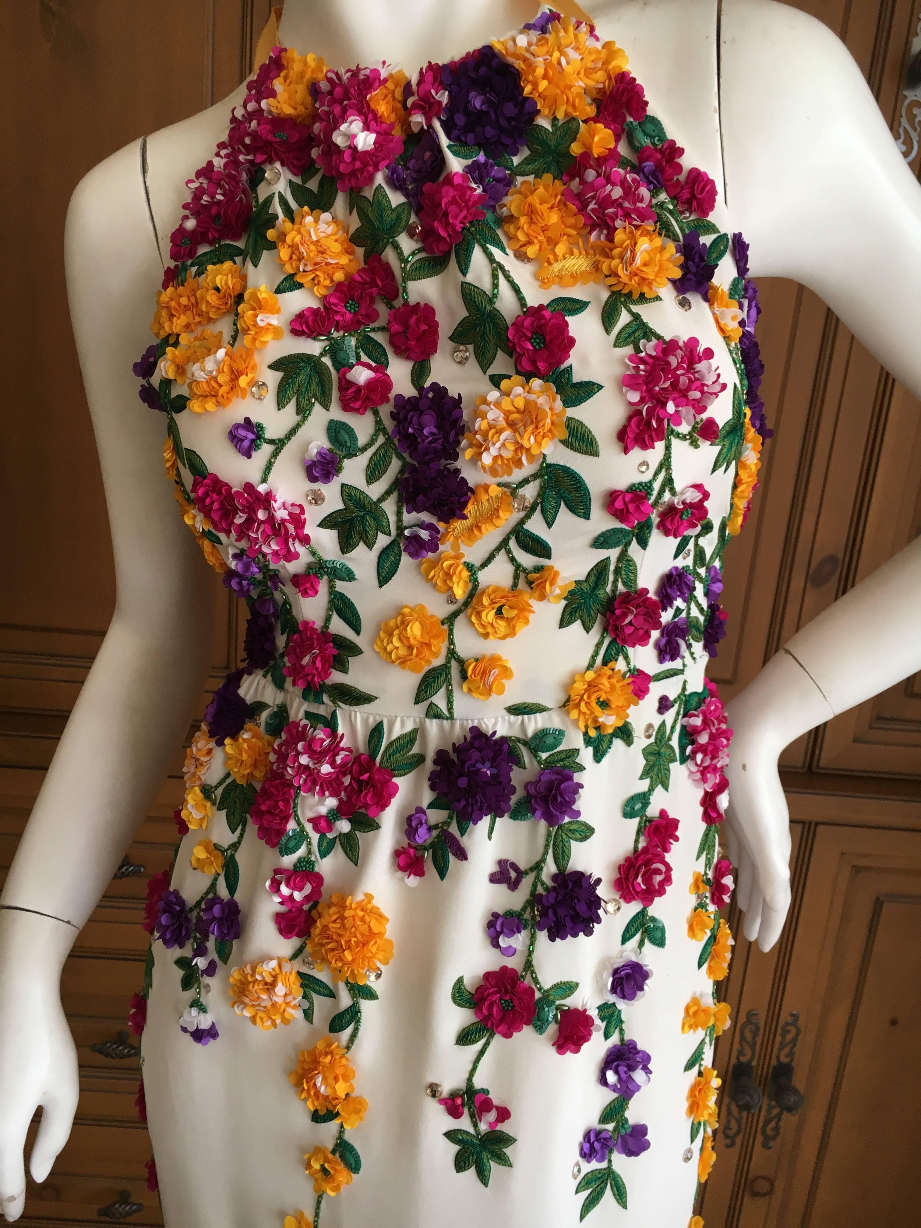 Beige Oscar de la Renta Ivory Silk Halter Dress with Embellished Floral Details