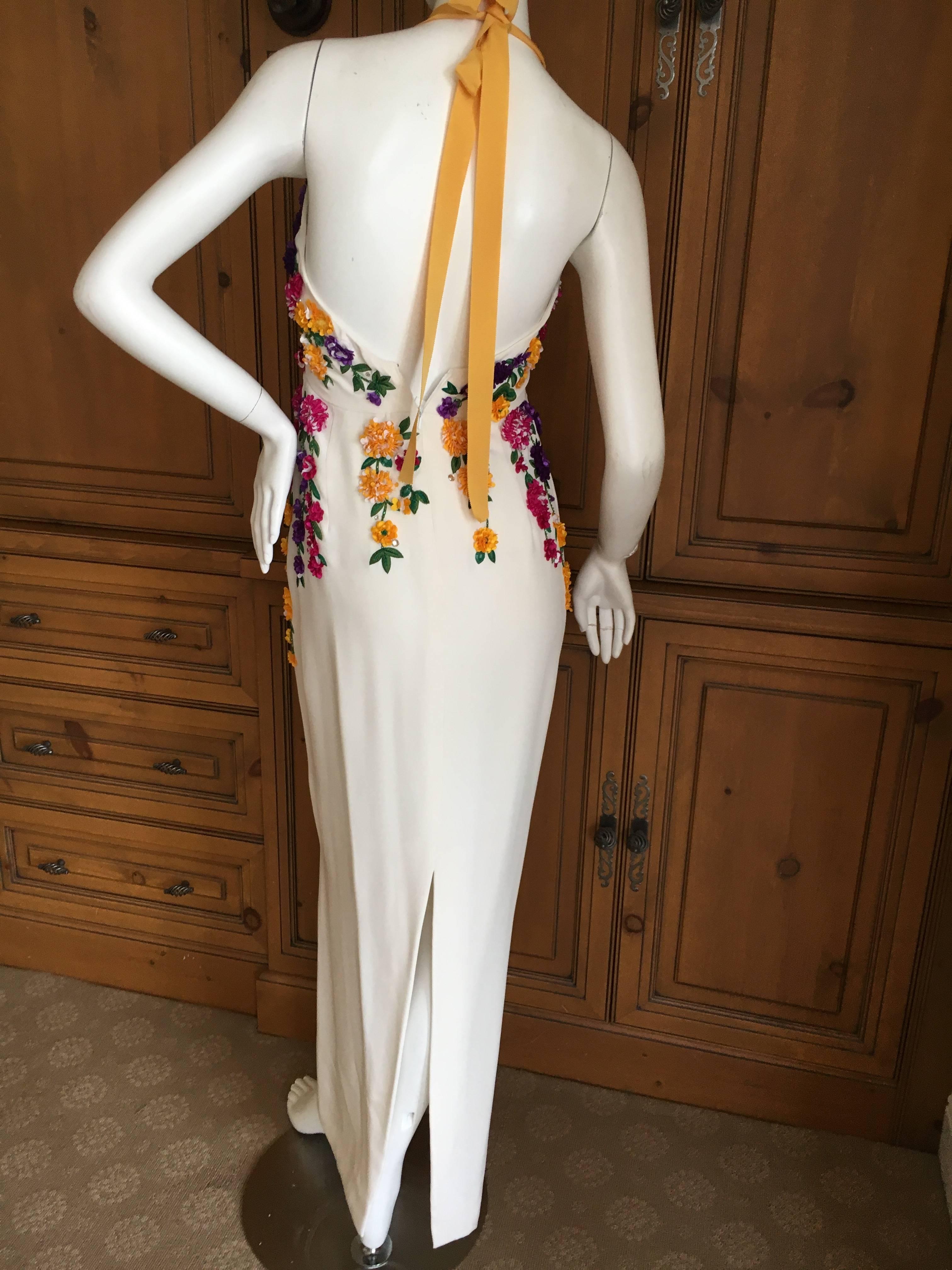 Women's Oscar de la Renta Ivory Silk Halter Dress with Embellished Floral Details