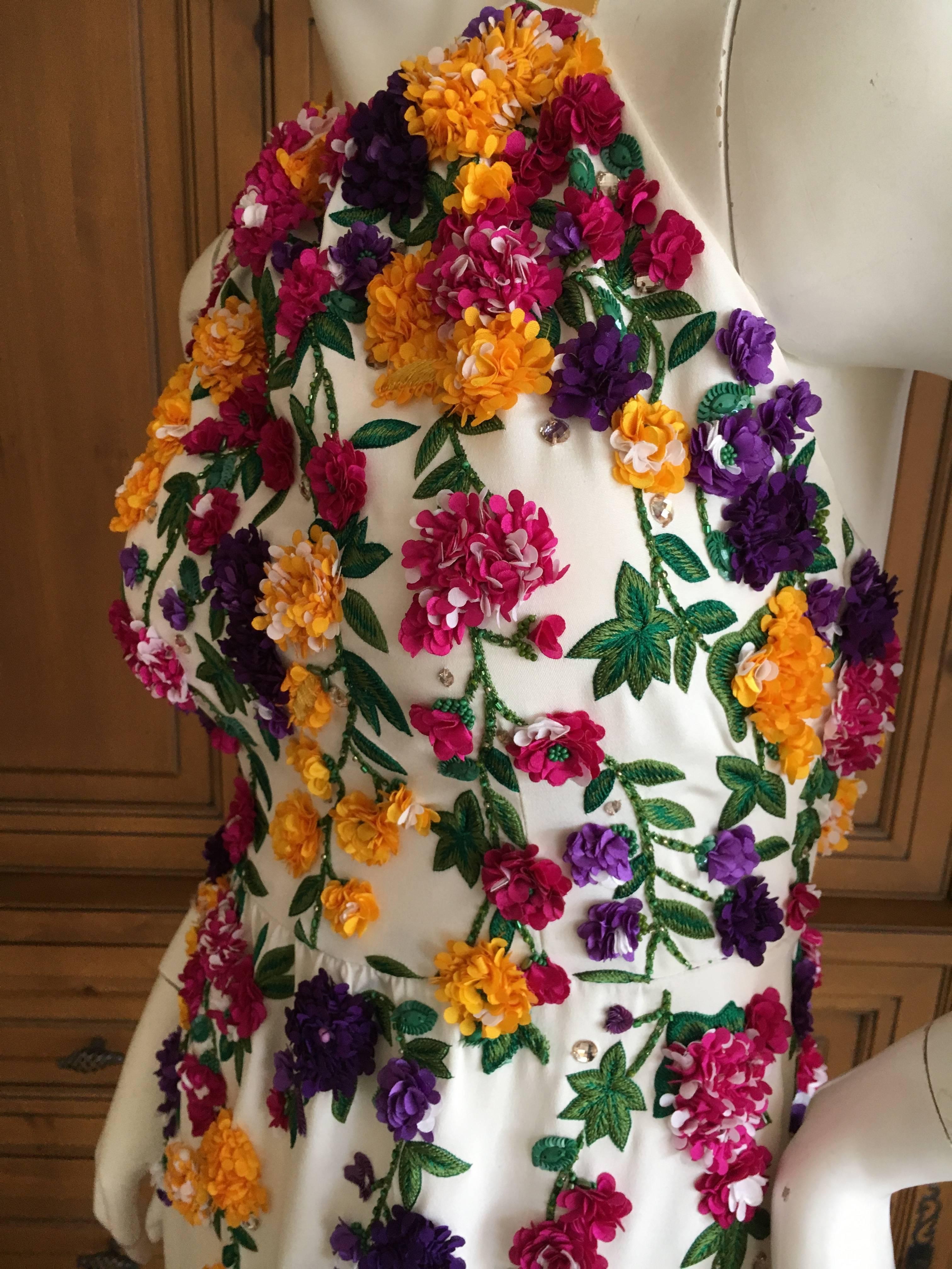 Oscar de la Renta Ivory Silk Halter Dress with Embellished Floral Details 1