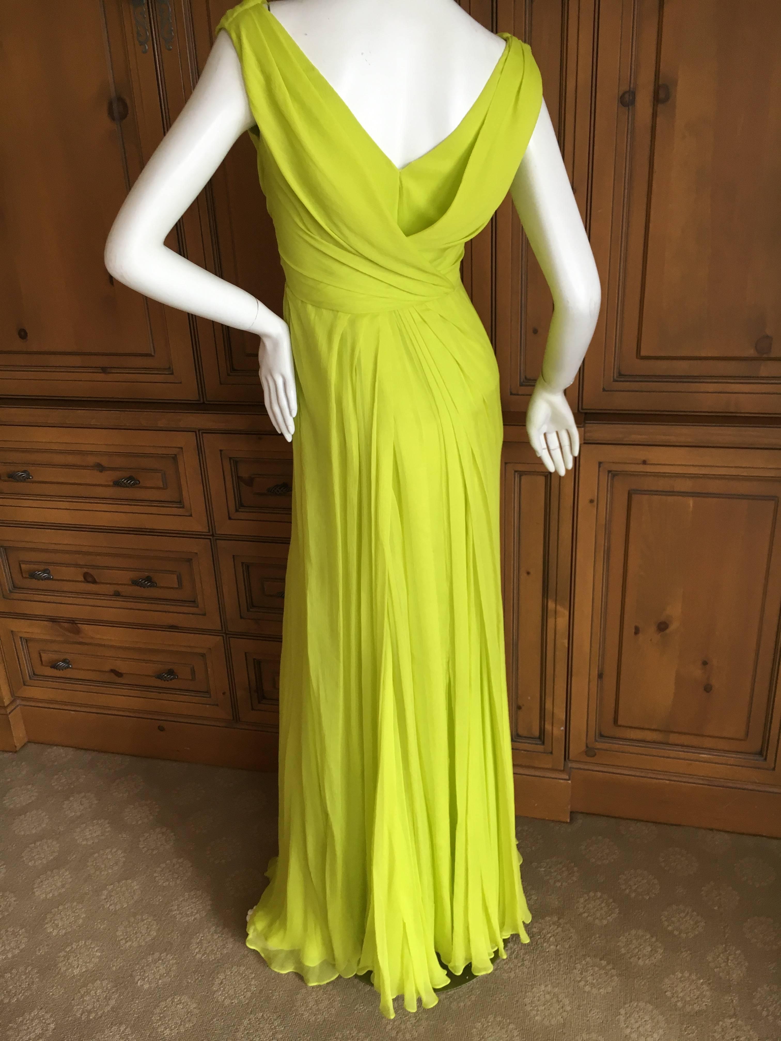 Brown Oscar de la Renta Neon Green Silk Chiffon Goddess Gown For Sale