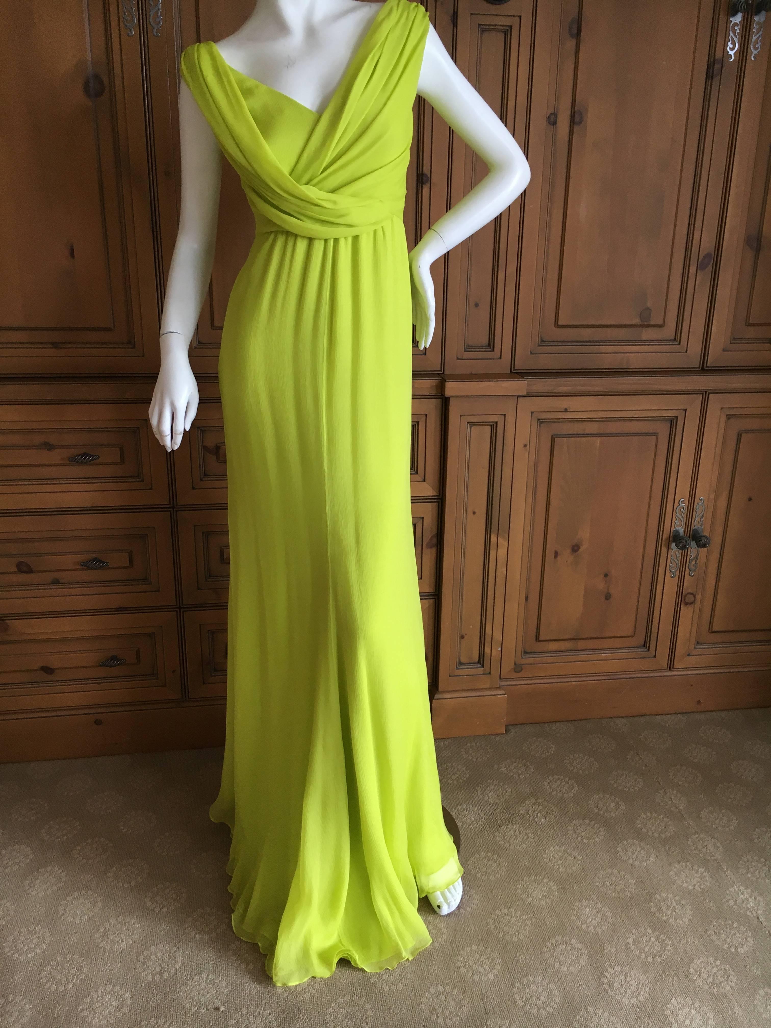 Women's Oscar de la Renta Neon Green Silk Chiffon Goddess Gown For Sale