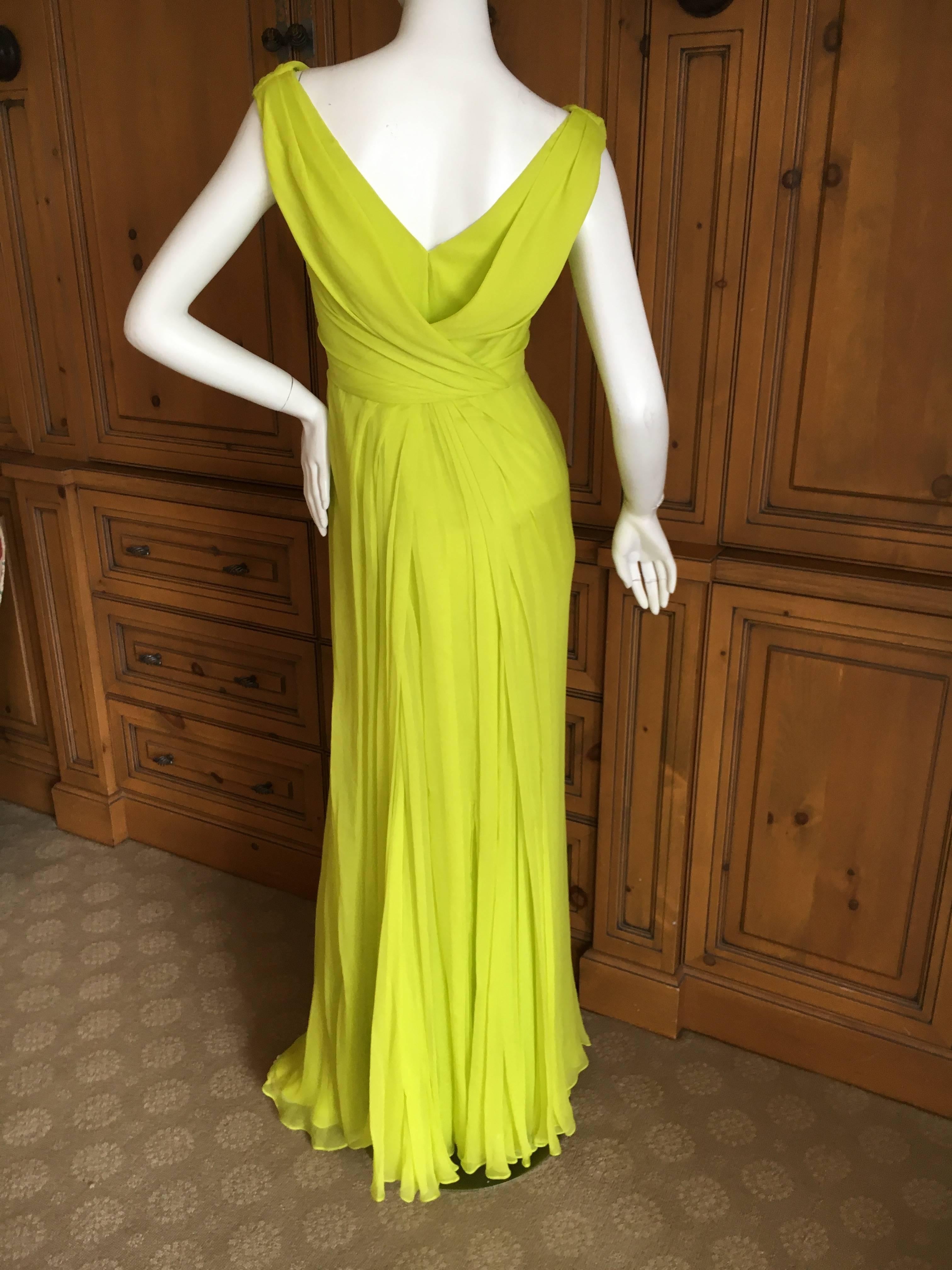 Oscar de la Renta Neon Green Silk Chiffon Goddess Gown For Sale 1