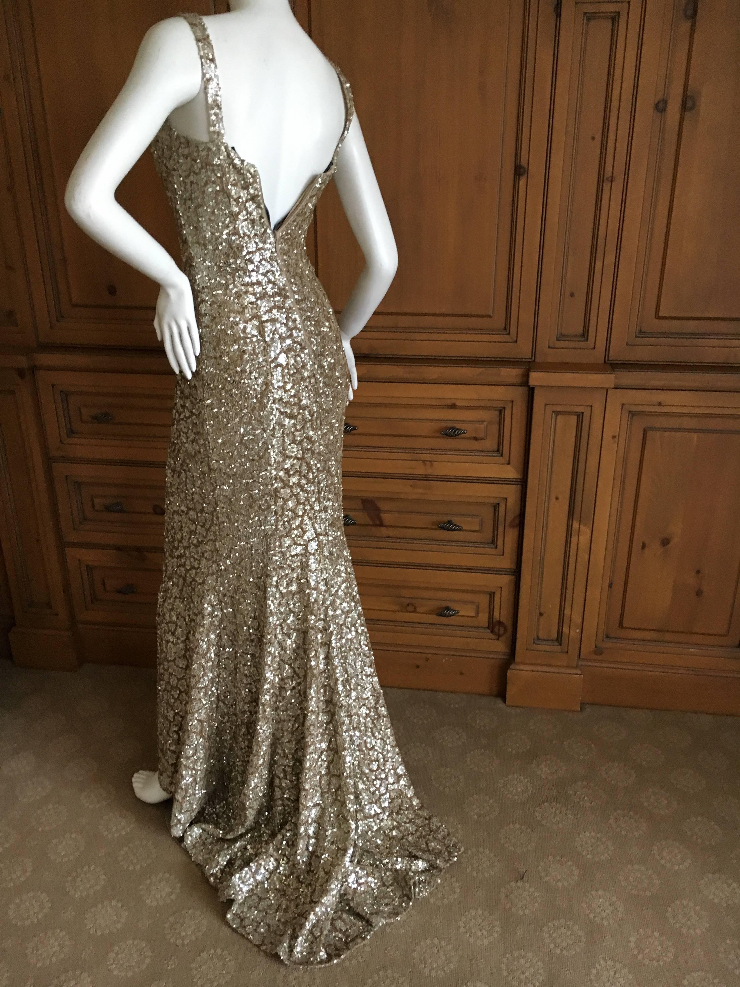 Gray Monique Lhuillier Gold Sequin Mermaid Gown with Train For Sale