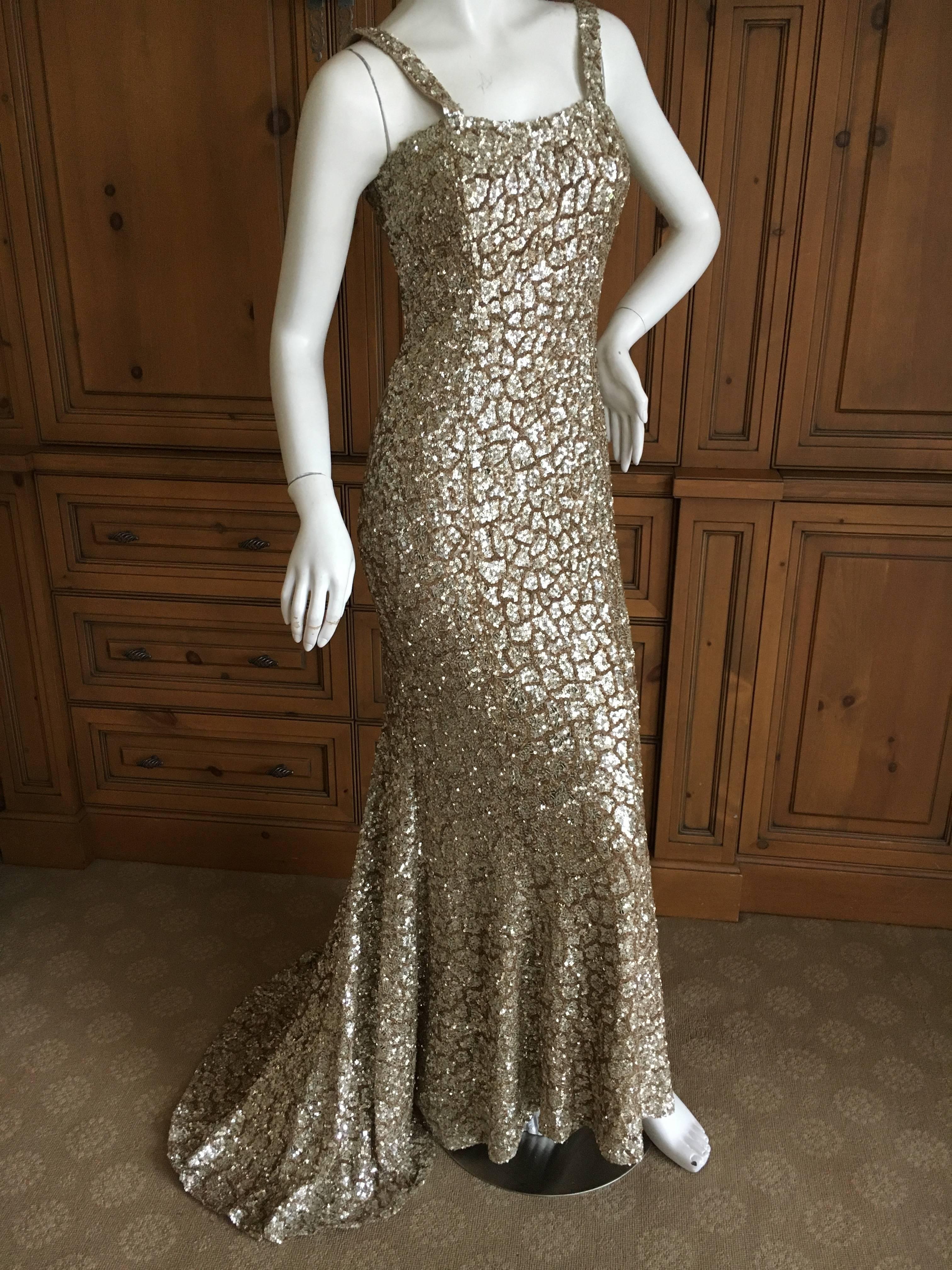 Women's Monique Lhuillier Gold Sequin Mermaid Gown with Train For Sale