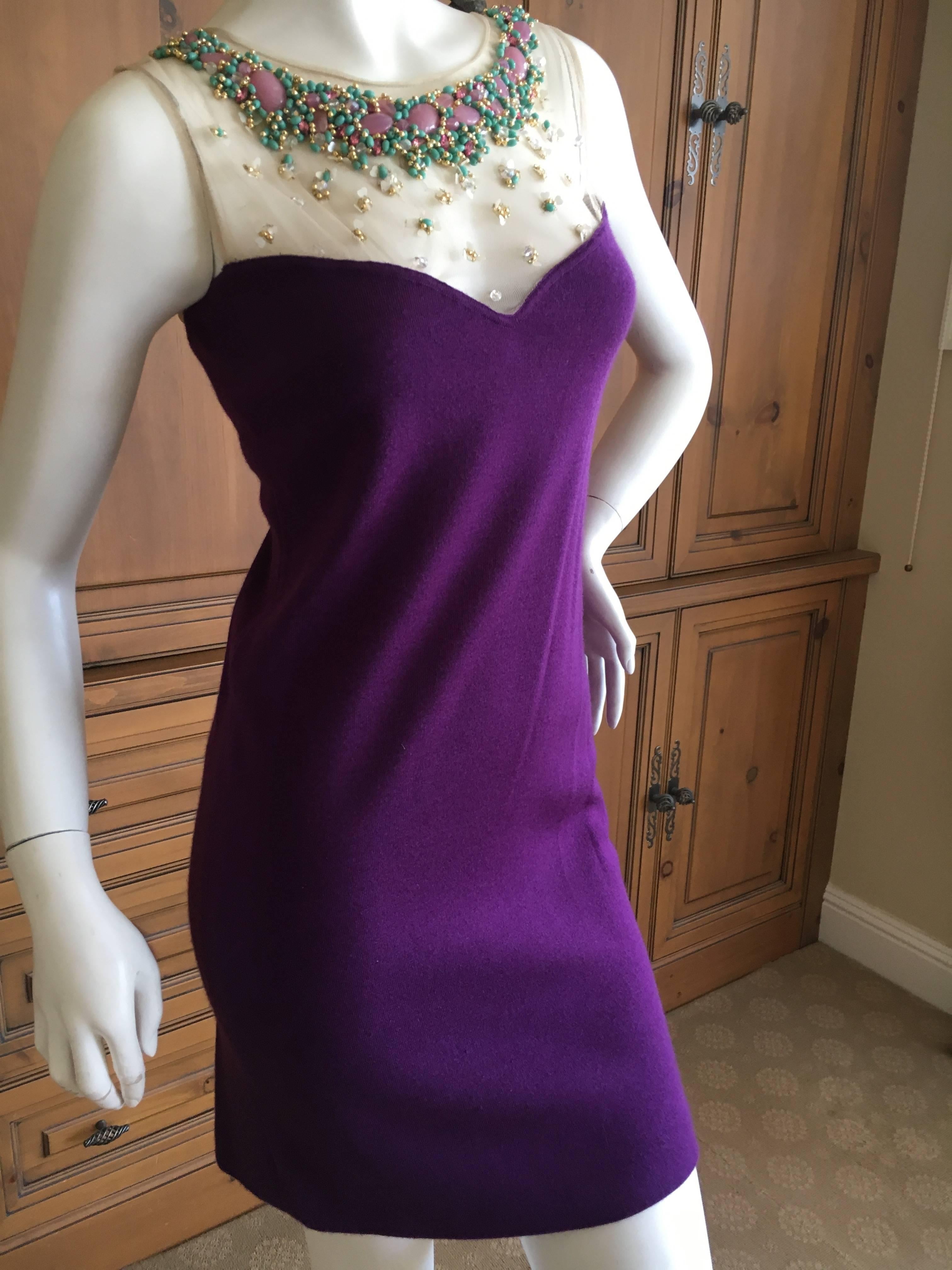 Christian Dior Purple Cashmere Cocktail Dress with Jeweled Collar by Lesage In Excellent Condition For Sale In Cloverdale, CA