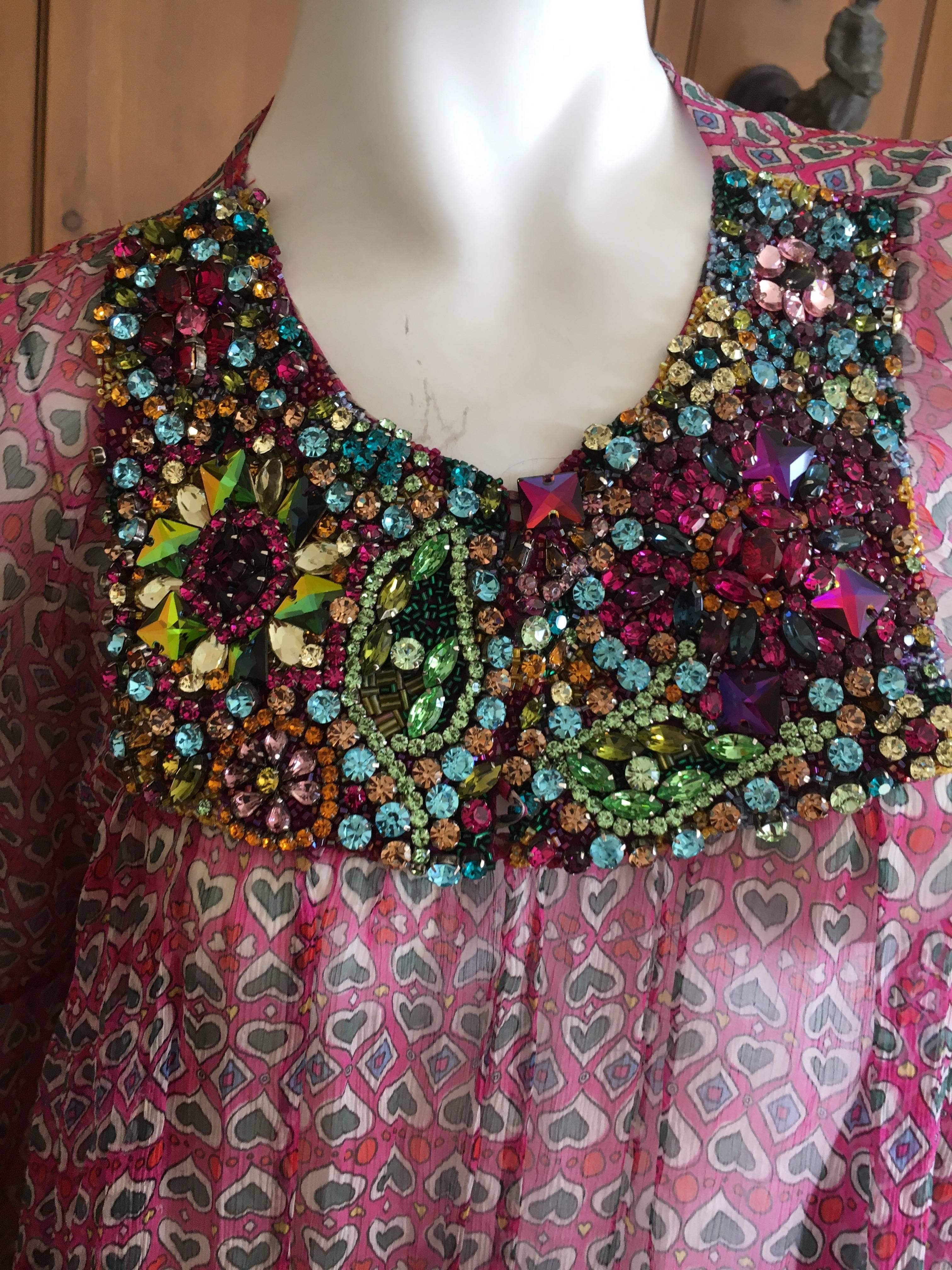 Moschino Jeweled Sheer Heart Pattern Silk Bell Sleeve Festival Dress In Excellent Condition In Cloverdale, CA