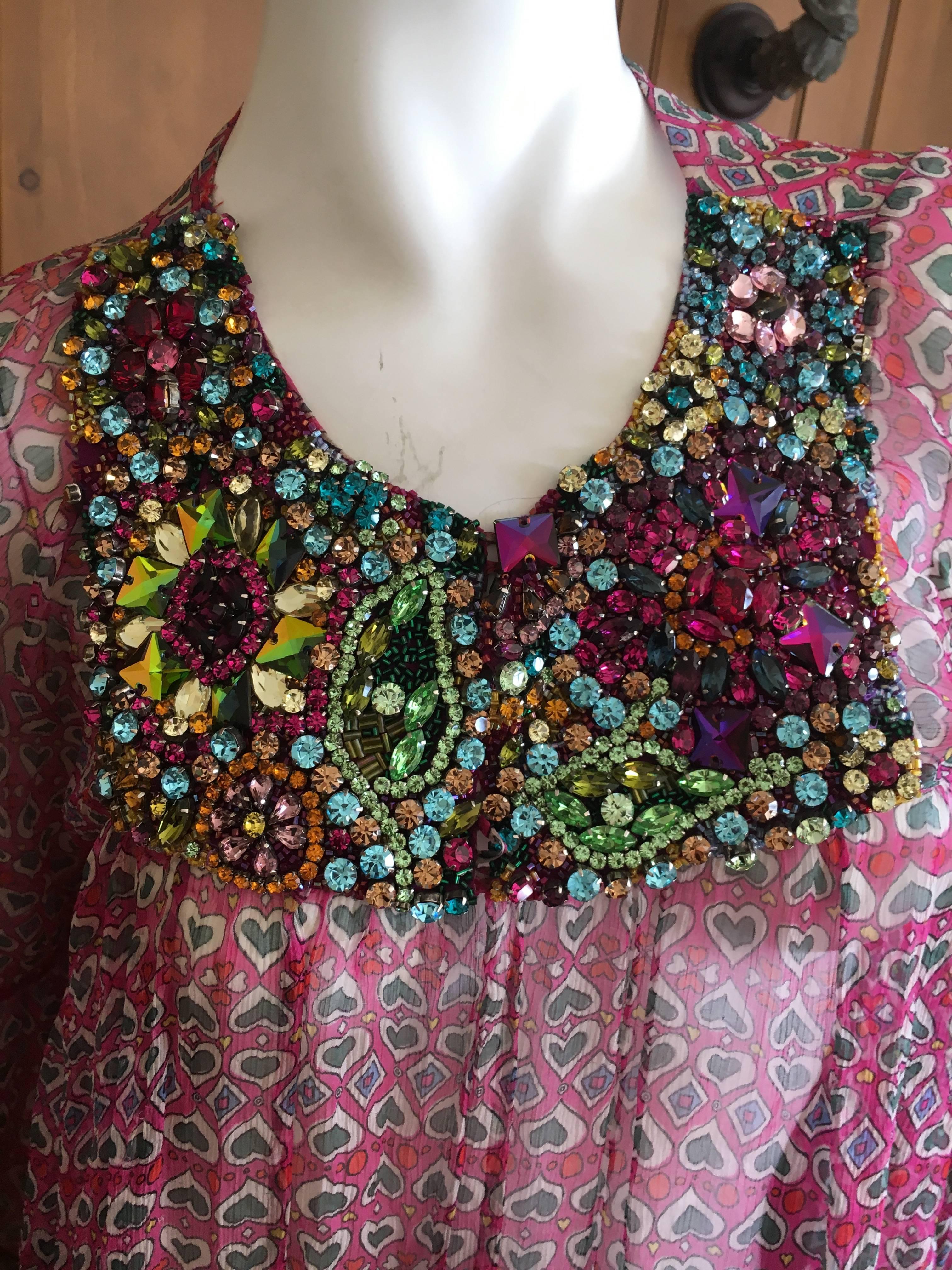 Women's Moschino Jeweled Sheer Heart Pattern Silk Bell Sleeve Festival Dress