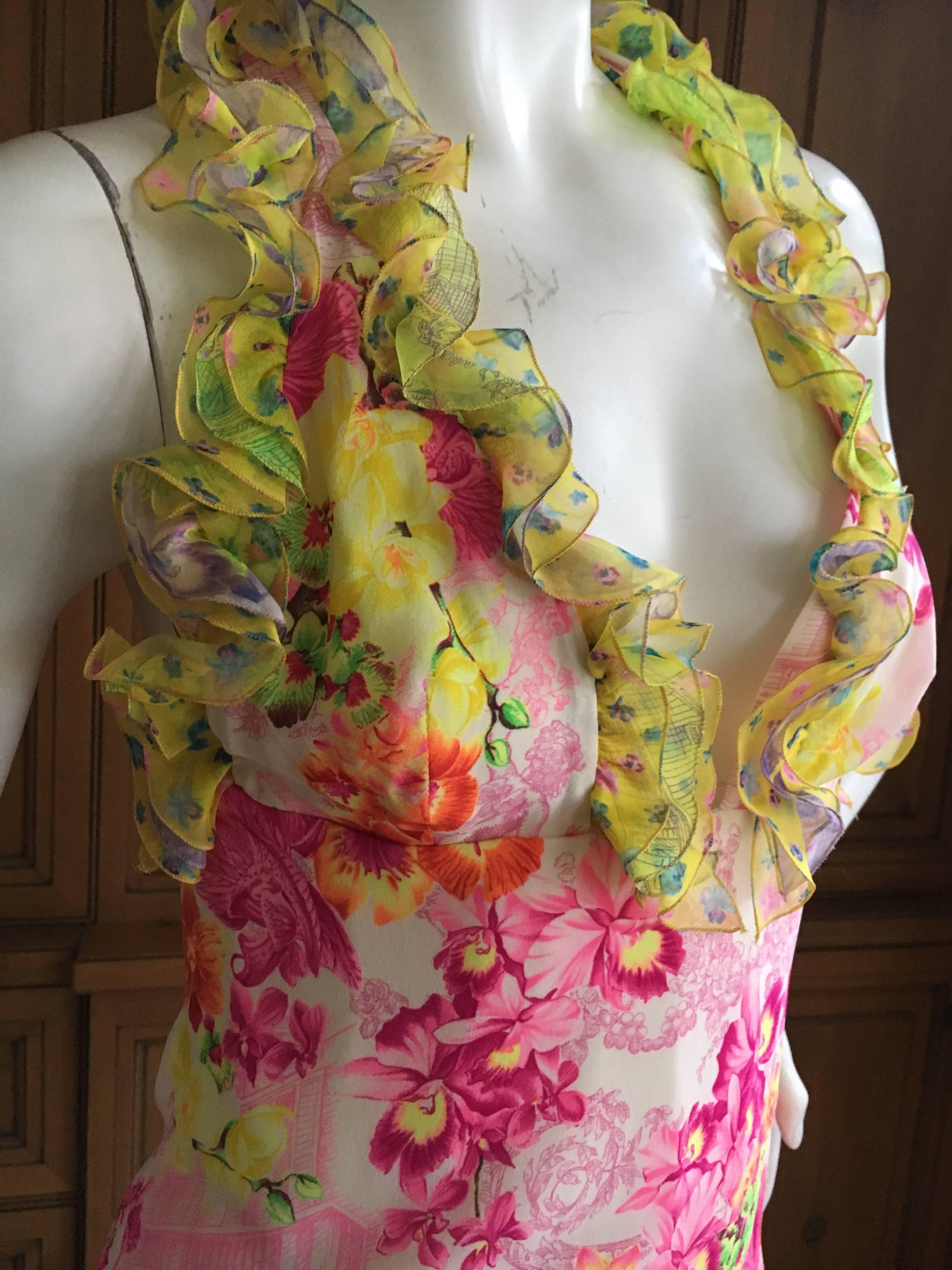 Brown Versace Romantic Vintage Floral Ruffle Halter Dress For Sale