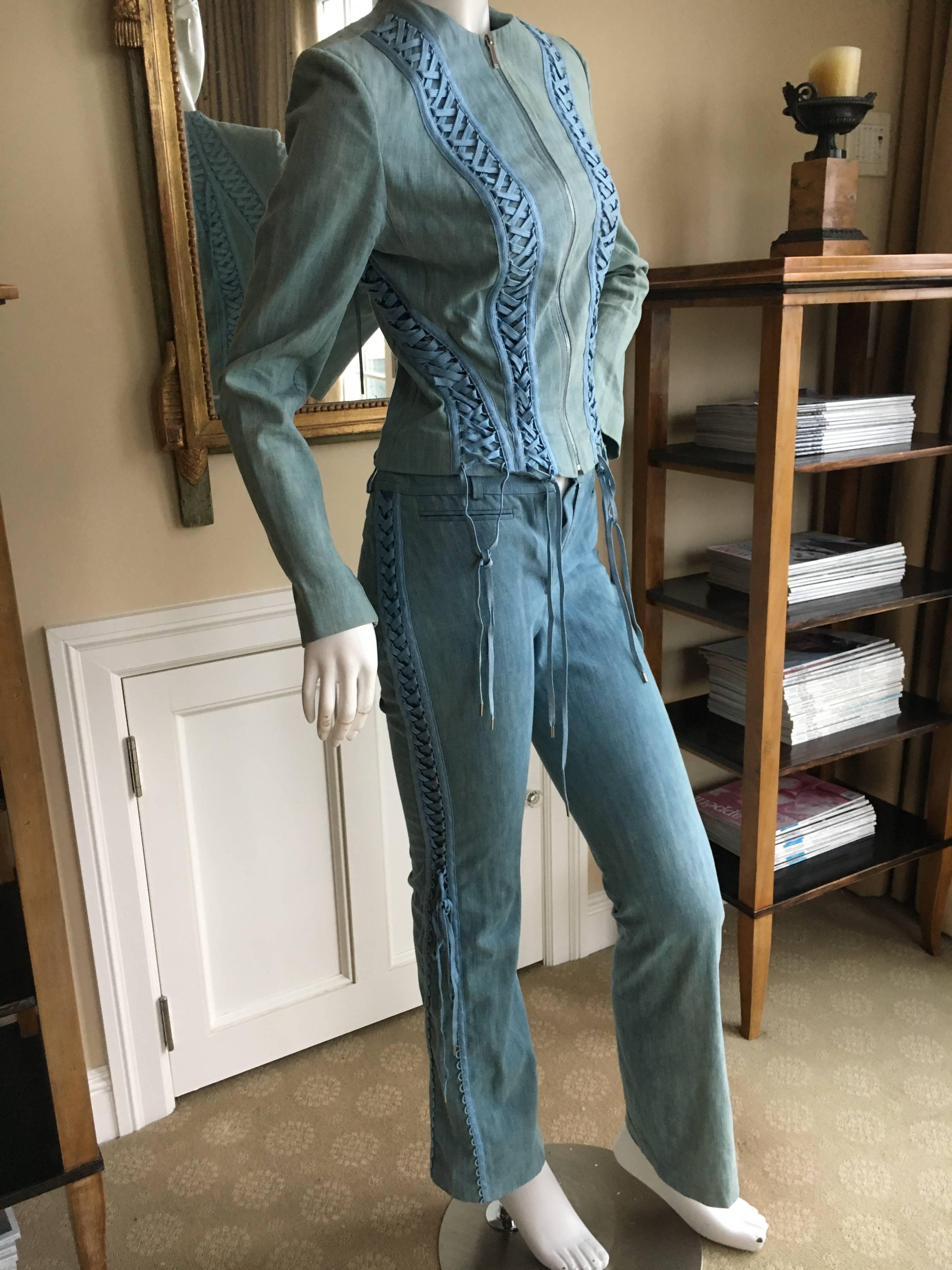 Gray Christian Dior by John Galliano Denim Blue Jean Corset Lace Jacket For Sale