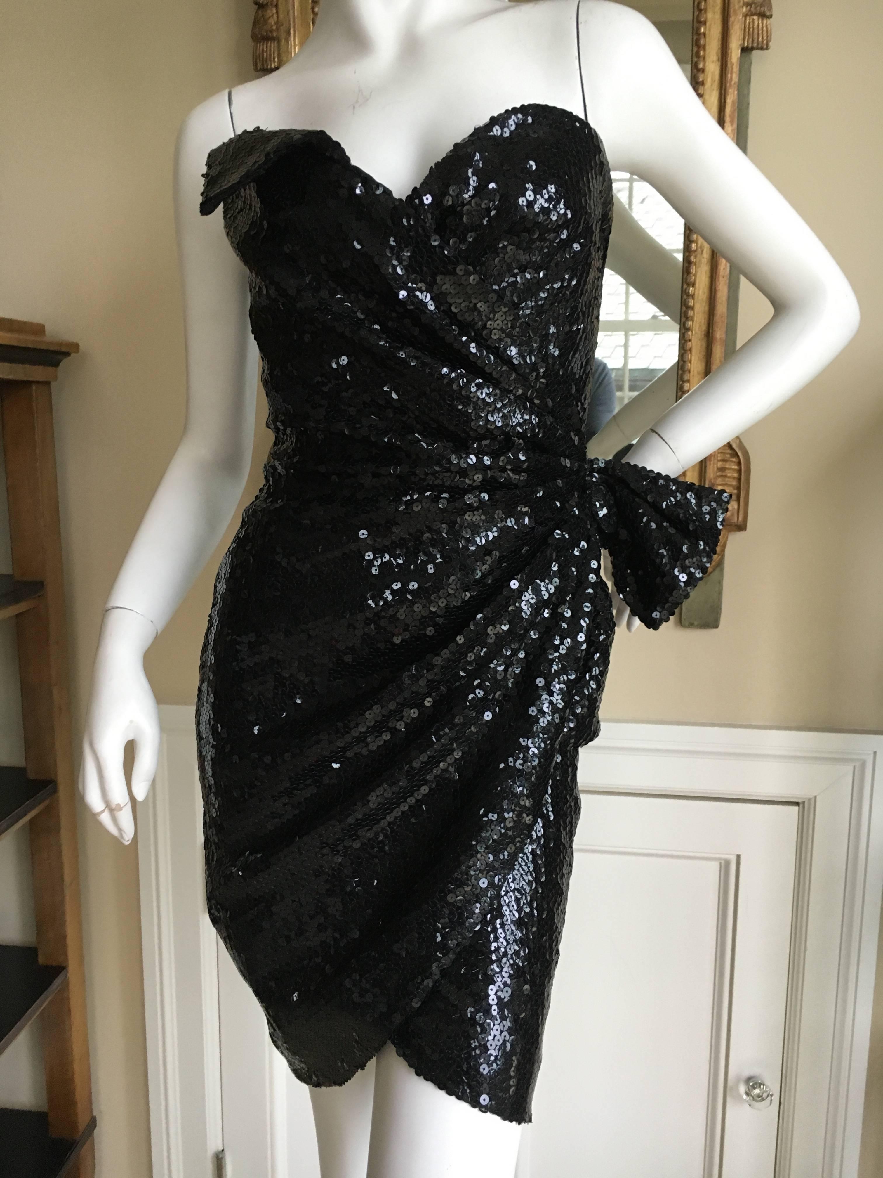 Thierry Mugler Vintage 80's Black Sequin Wrap Style Cocktail Dress In Excellent Condition In Cloverdale, CA