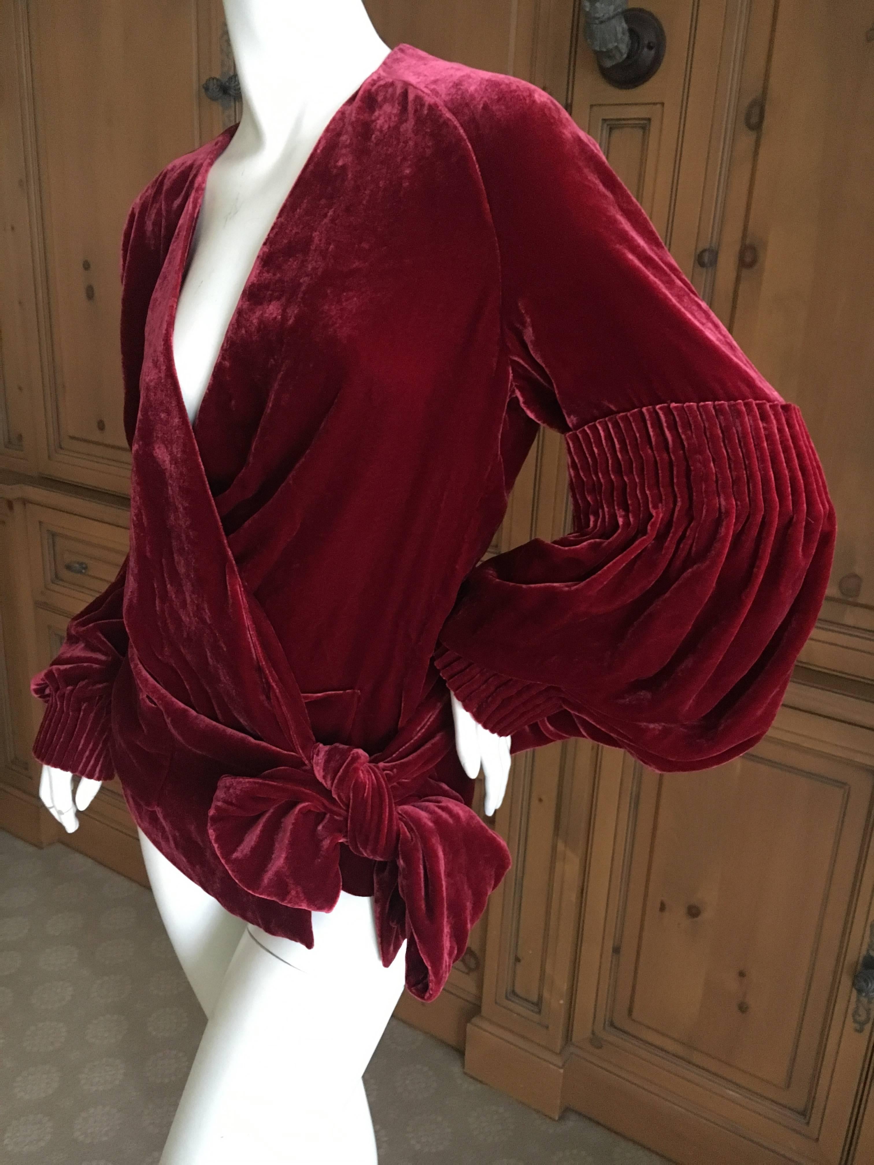 Women's John Galliano Romantic Red Velvet Wrap Style Bishop Sleeve Blouse Size 46 For Sale